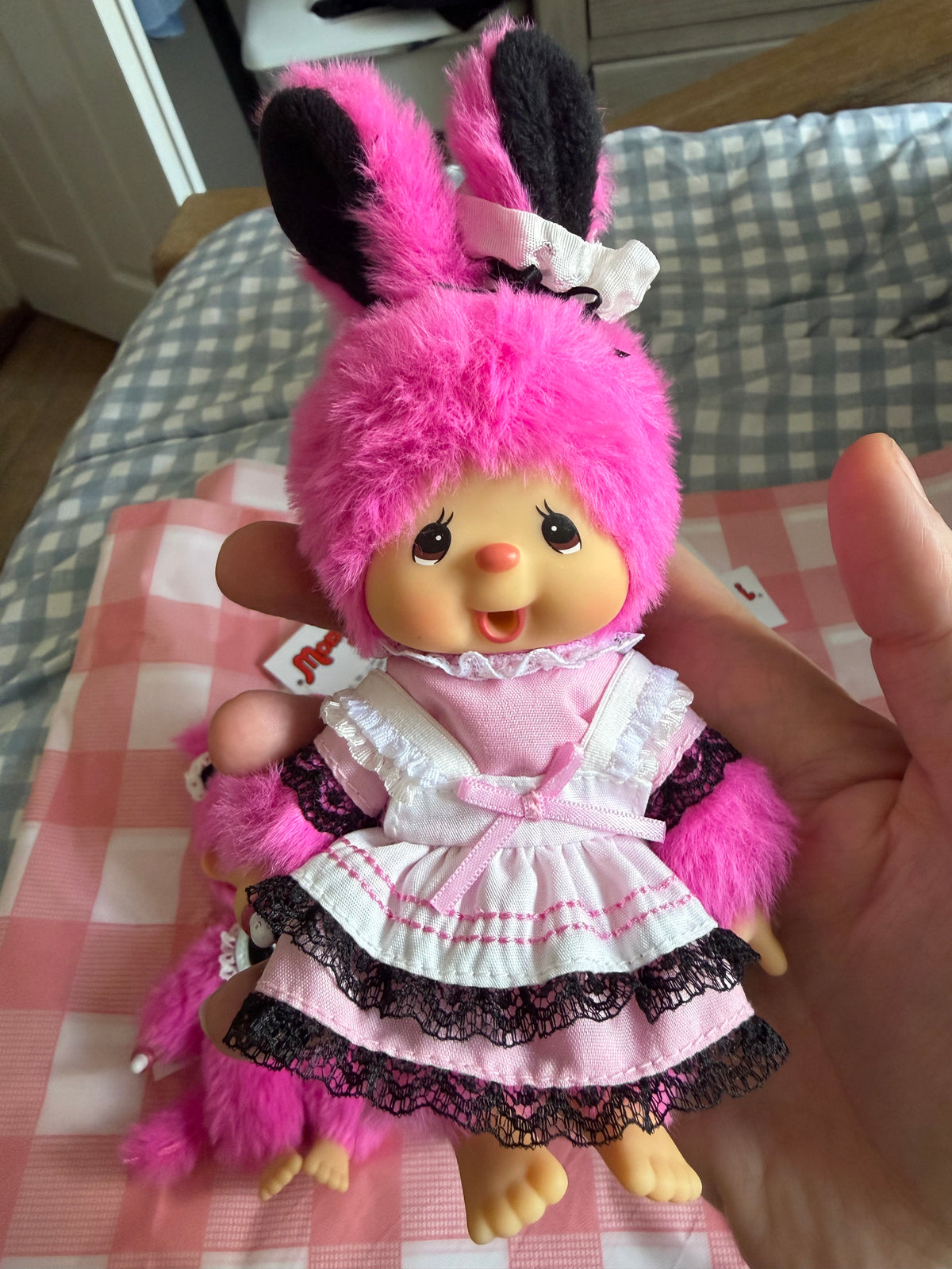 Monchhichi & Chimutan Dress Keychains – Hot Pink, Black Maid & Pink Bunny – Authentic Sekiguchi
