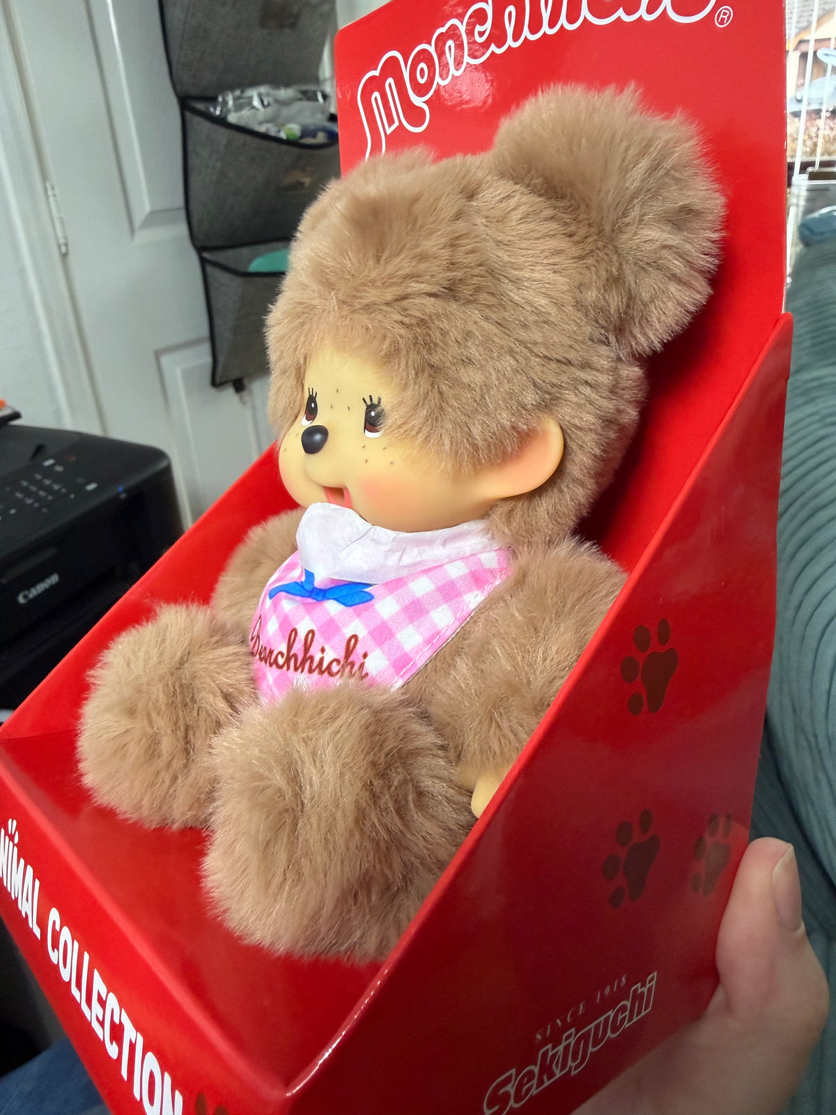 Bearchhichi Girl – Pink Gingham Bib Plush | Monchhichi by Sekiguchi