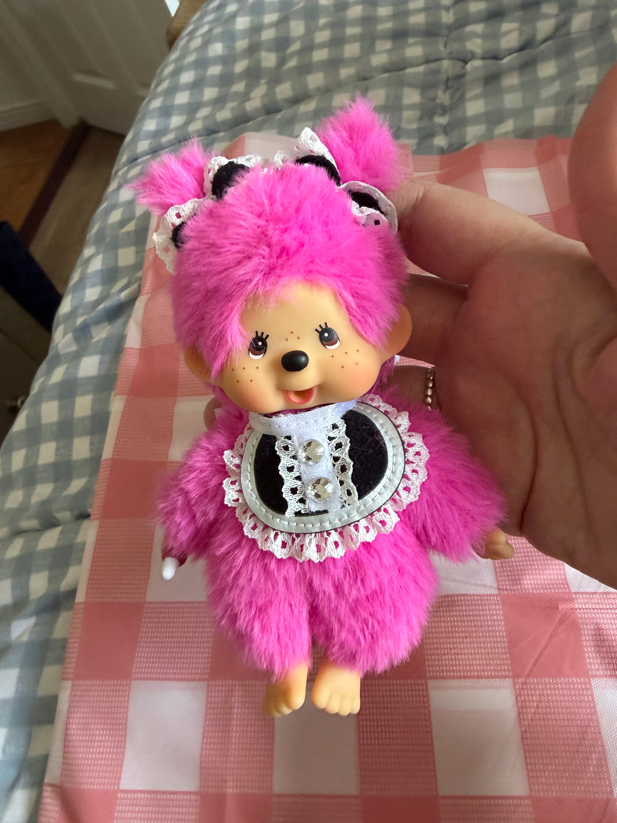 Monchhichi & Chimutan Dress Keychains – Hot Pink, Black Maid & Pink Bunny – Authentic Sekiguchi