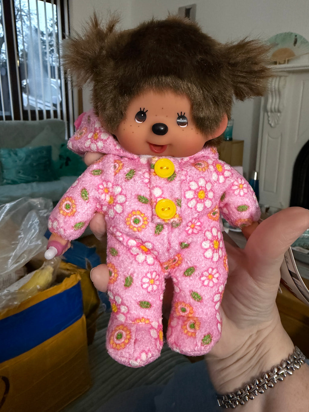 Monchhichi Baby in Cosy Bear-Eared Pyjamas – Pink Floral or Lemon Yellow 🩷💛