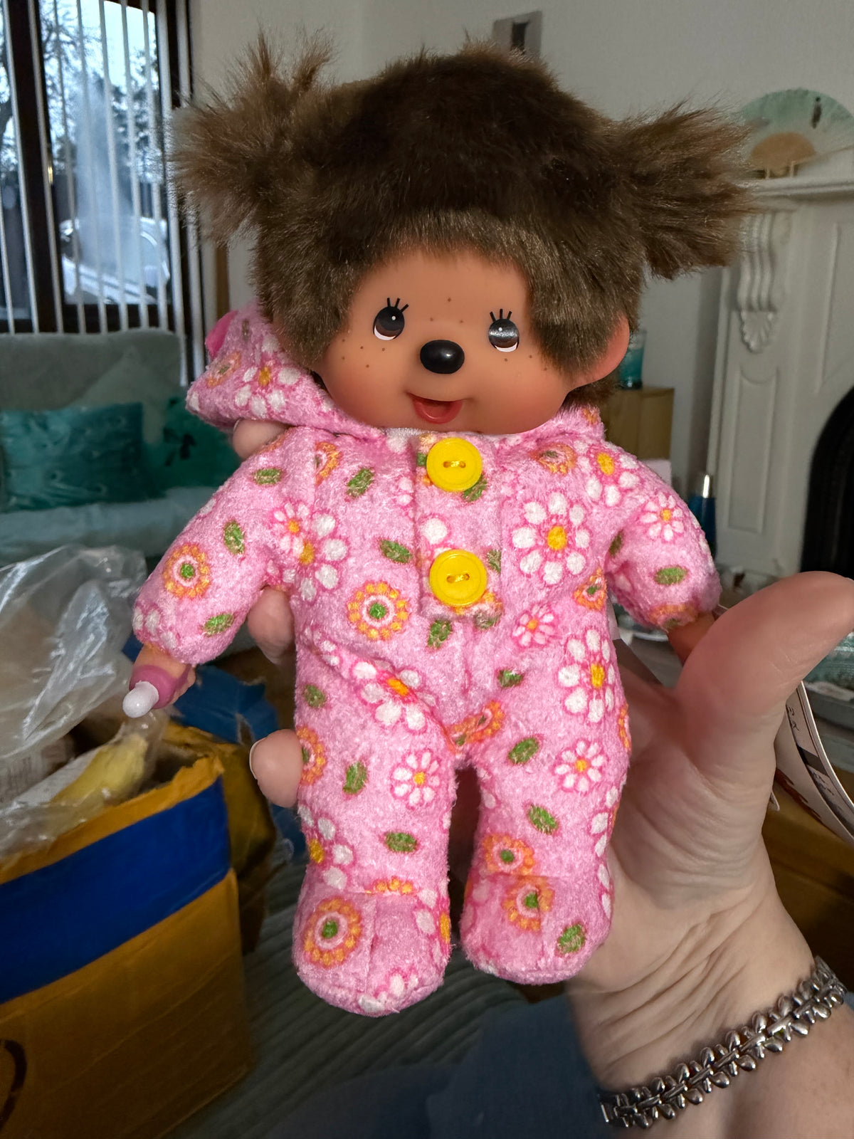 Monchhichi Baby in Cosy Bear-Eared Pyjamas – Pink Floral or Lemon Yellow 🩷💛