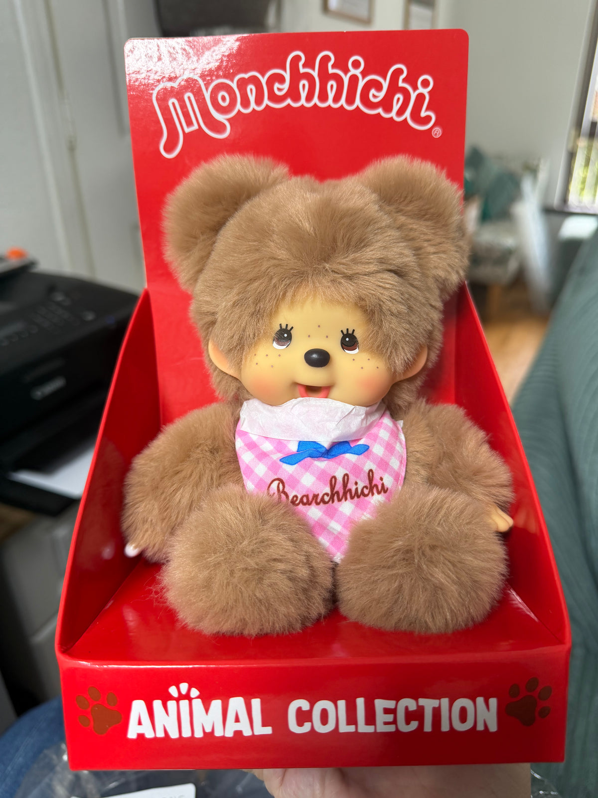 Bearchhichi Girl – Pink Gingham Bib Plush | Monchhichi by Sekiguchi