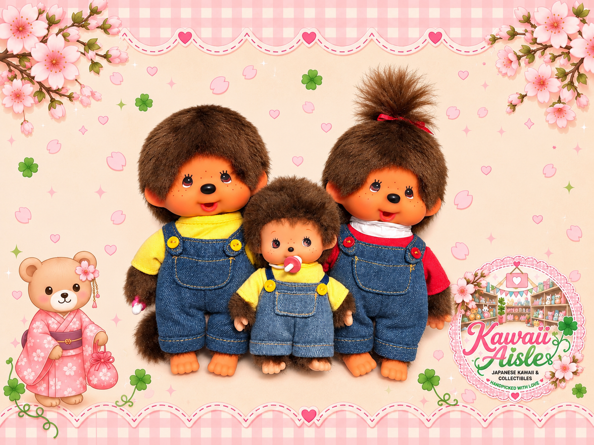 Monchhichi Family Set – Boy, Girl & Bebichhichi | Custom Denim Dungarees 🩷