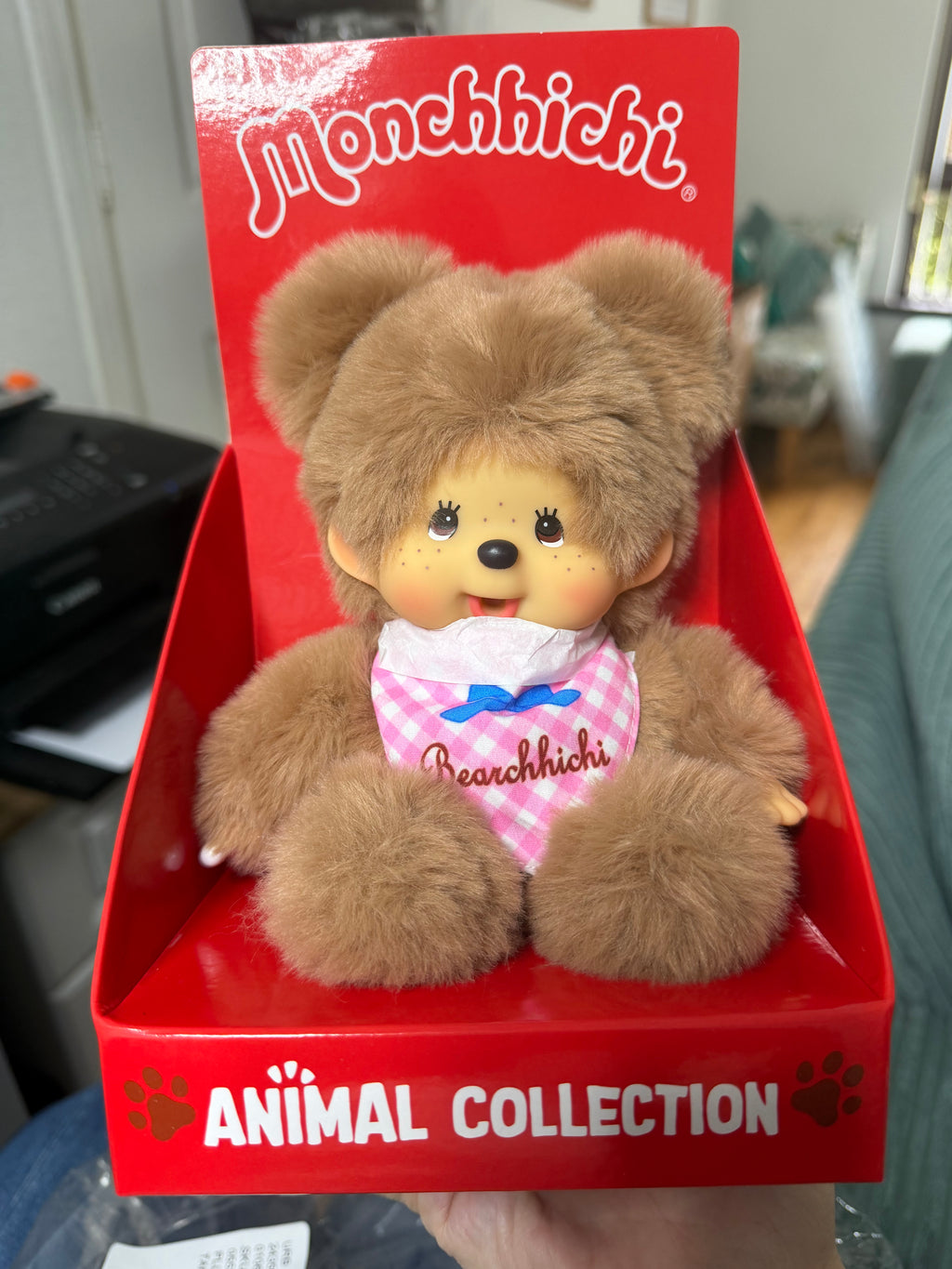 Bearchhichi Girl – Pink Gingham Bib Plush | Monchhichi by Sekiguchi