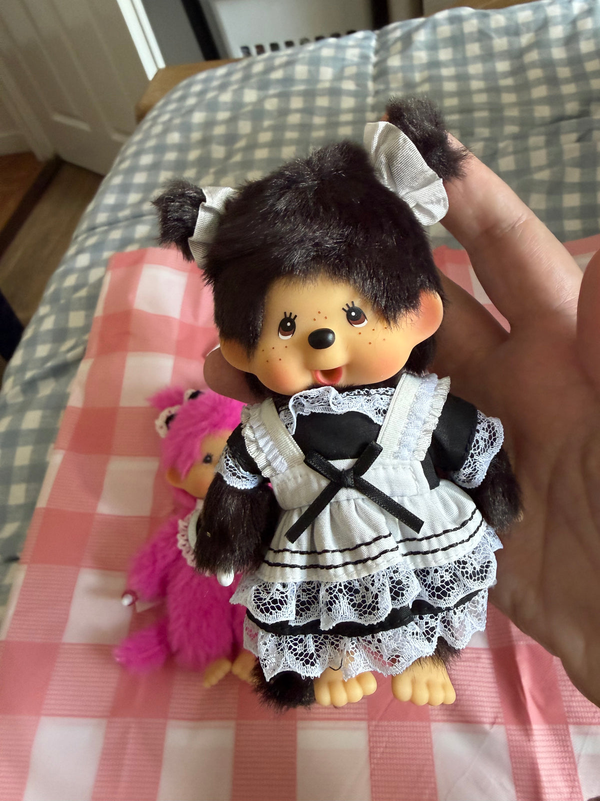 Monchhichi & Chimutan Dress Keychains – Hot Pink, Black Maid & Pink Bunny – Authentic Sekiguchi