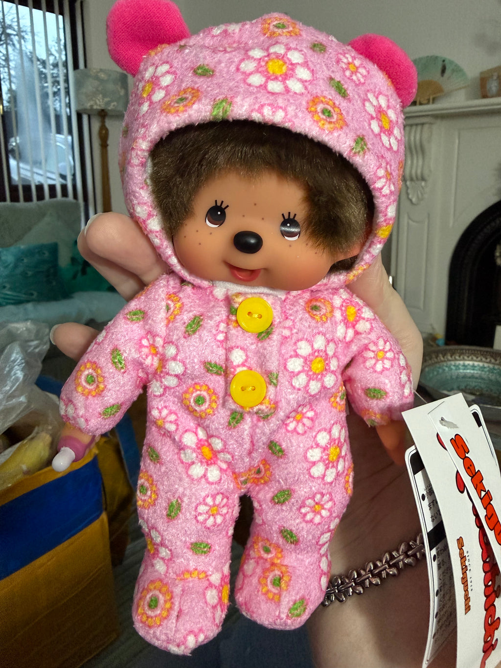 Monchhichi Baby in Cosy Bear-Eared Pyjamas – Pink Floral or Lemon Yellow 🩷💛