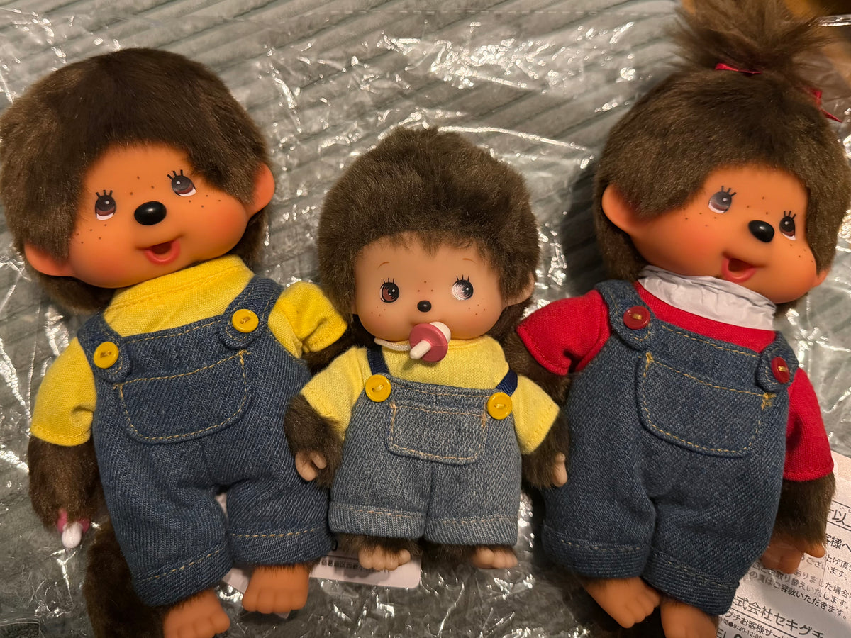Monchhichi Family Set – Boy, Girl & Bebichhichi | Custom Denim Dungarees 🩷