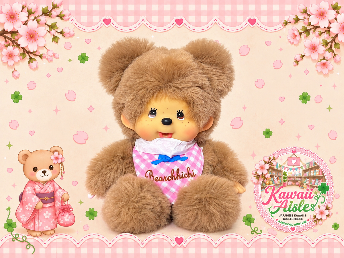 Bearchhichi Girl – Pink Gingham Bib Plush | Monchhichi by Sekiguchi