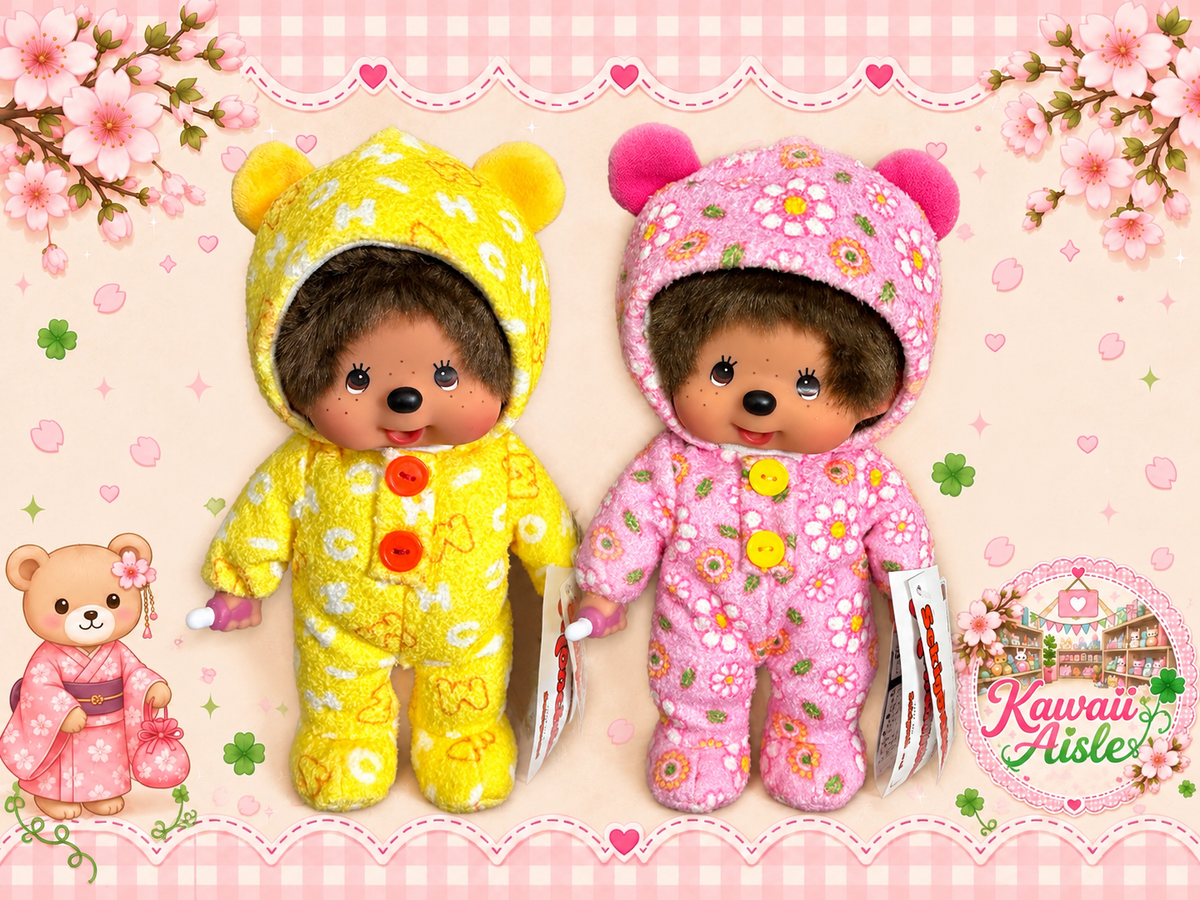 Monchhichi Baby in Cosy Bear-Eared Pyjamas – Pink Floral or Lemon Yellow 🩷💛