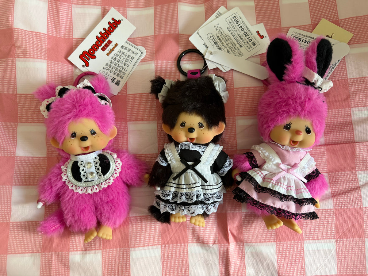 Monchhichi & Chimutan Dress Keychains – Hot Pink, Black Maid & Pink Bunny – Authentic Sekiguchi