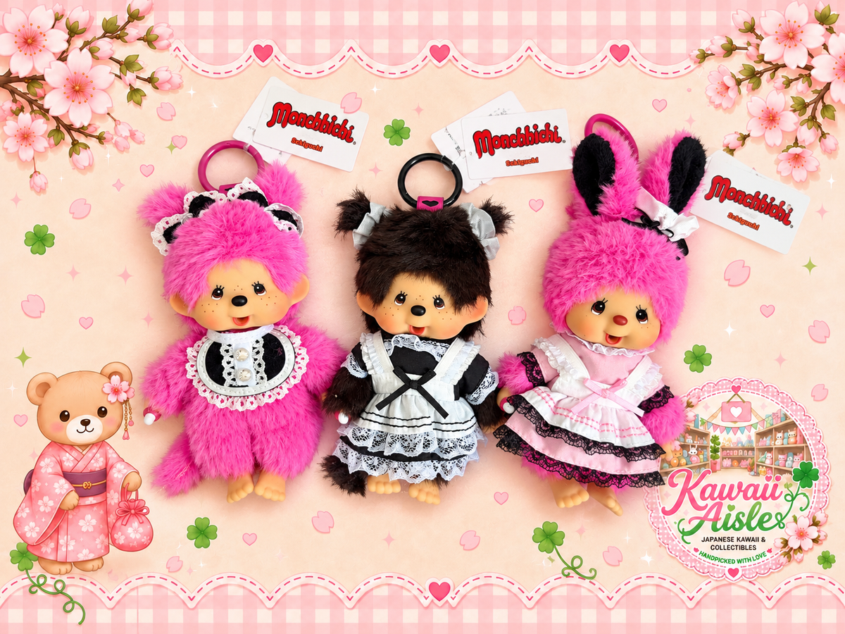 Monchhichi & Chimutan Dress Keychains – Hot Pink, Black Maid & Pink Bunny – Authentic Sekiguchi