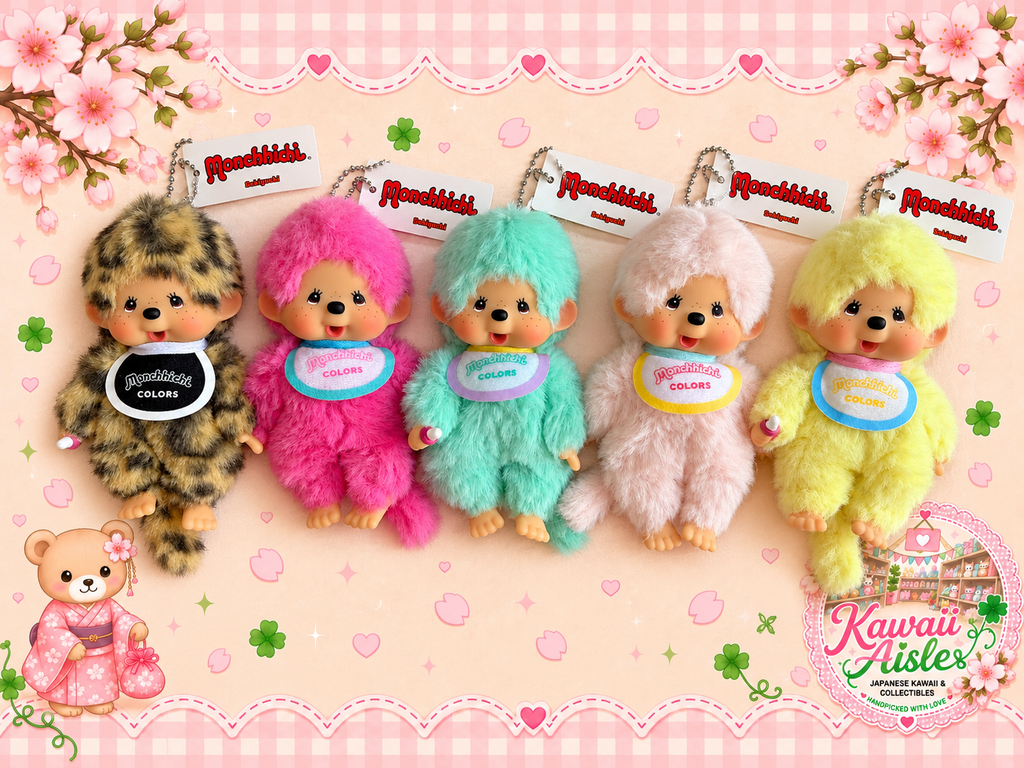 Authentic Monchhichi Colors Keychain – Japanese Sekiguchi – Pink, Mint, Yellow, Baby Pink & Leopard