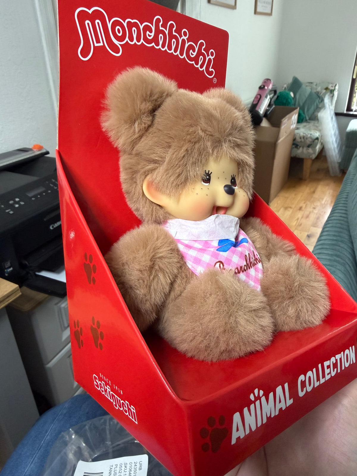 Bearchhichi Girl – Pink Gingham Bib Plush | Monchhichi by Sekiguchi