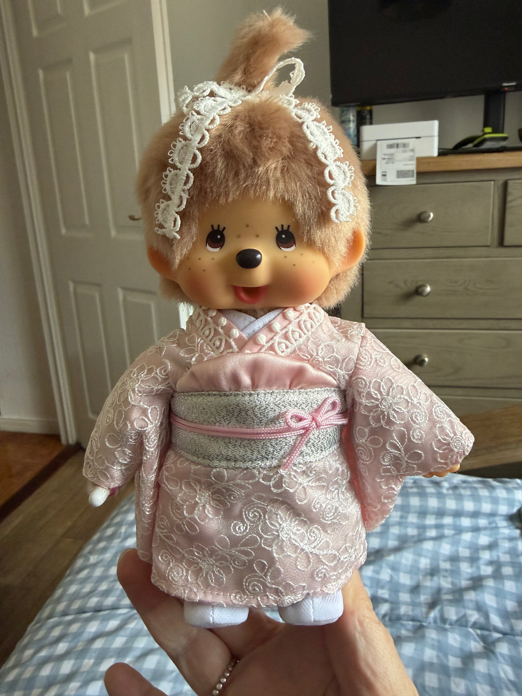 Monchhichi Kimono Girl – Milk Tea Brown Pink Kimono – Sekiguchi Japan