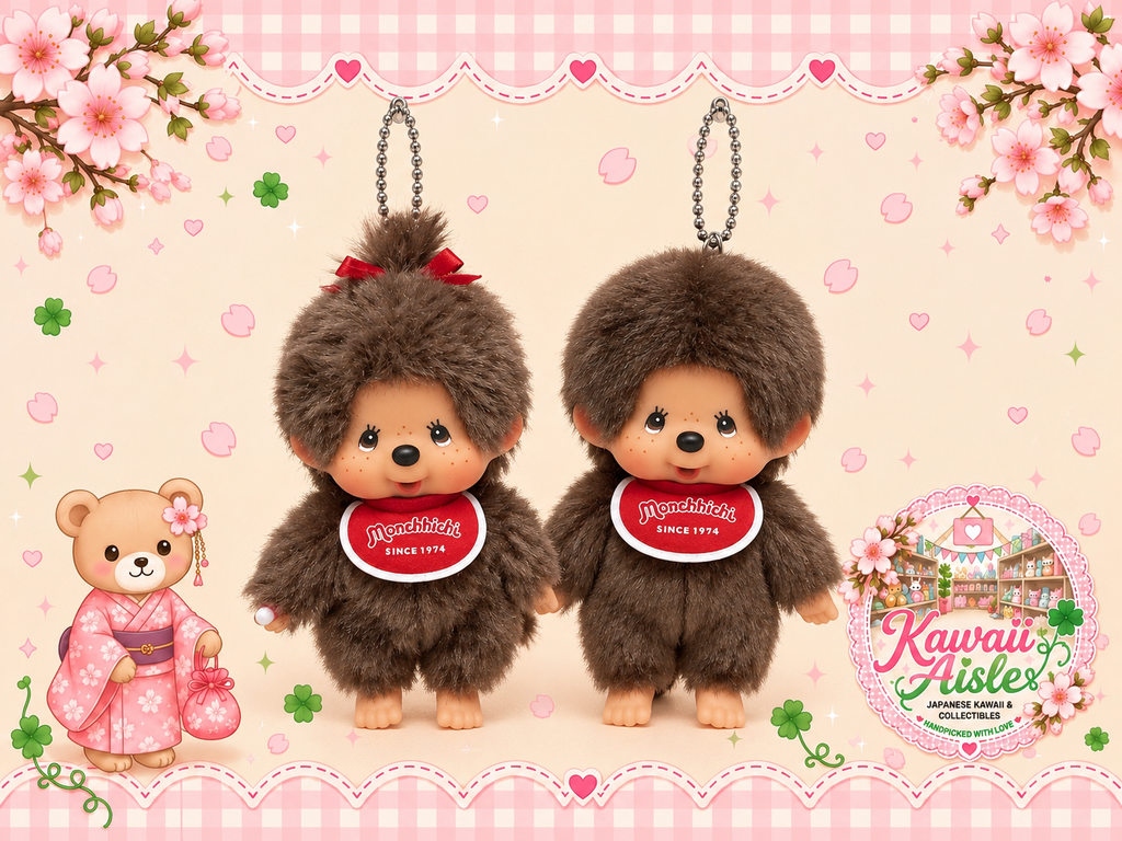 Authentic Sekiguchi Monchhichi Girl & Boy Keychains – Classic Red Bib – Sought After Japanese Collectibles