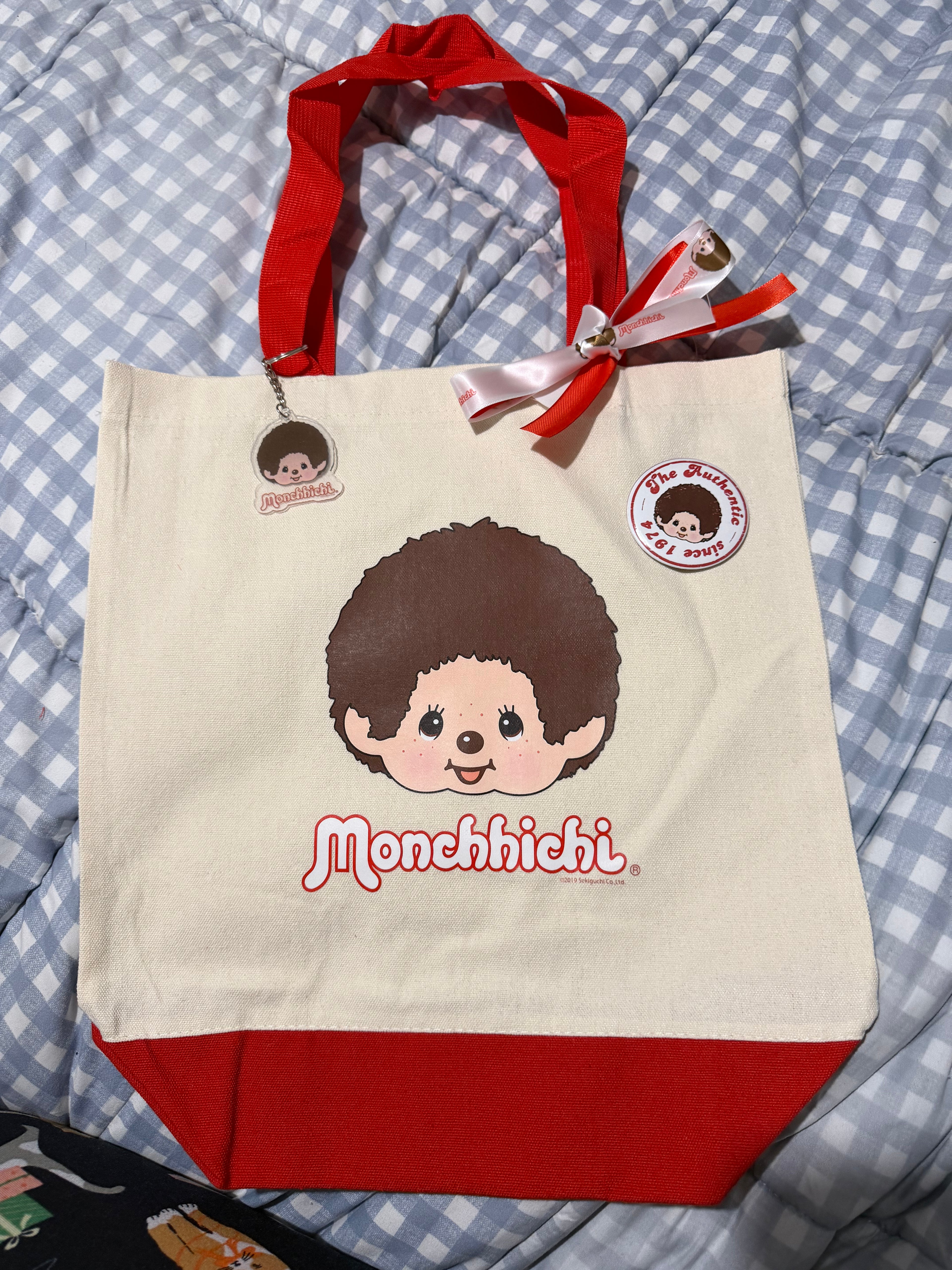 Monchhichi Canvas Tote Bag | Hand-Decorated with Ribbon, Keychain & Badge