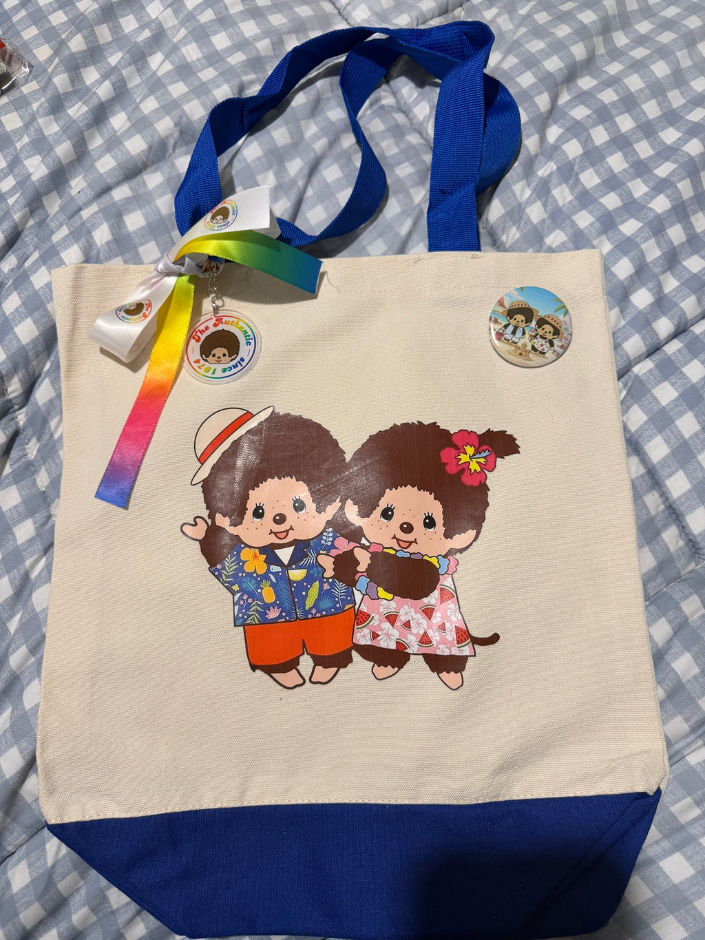 Handmade Monchhichi Canvas Tote Bag – Decorated with Ribbon, Keychain & Badge