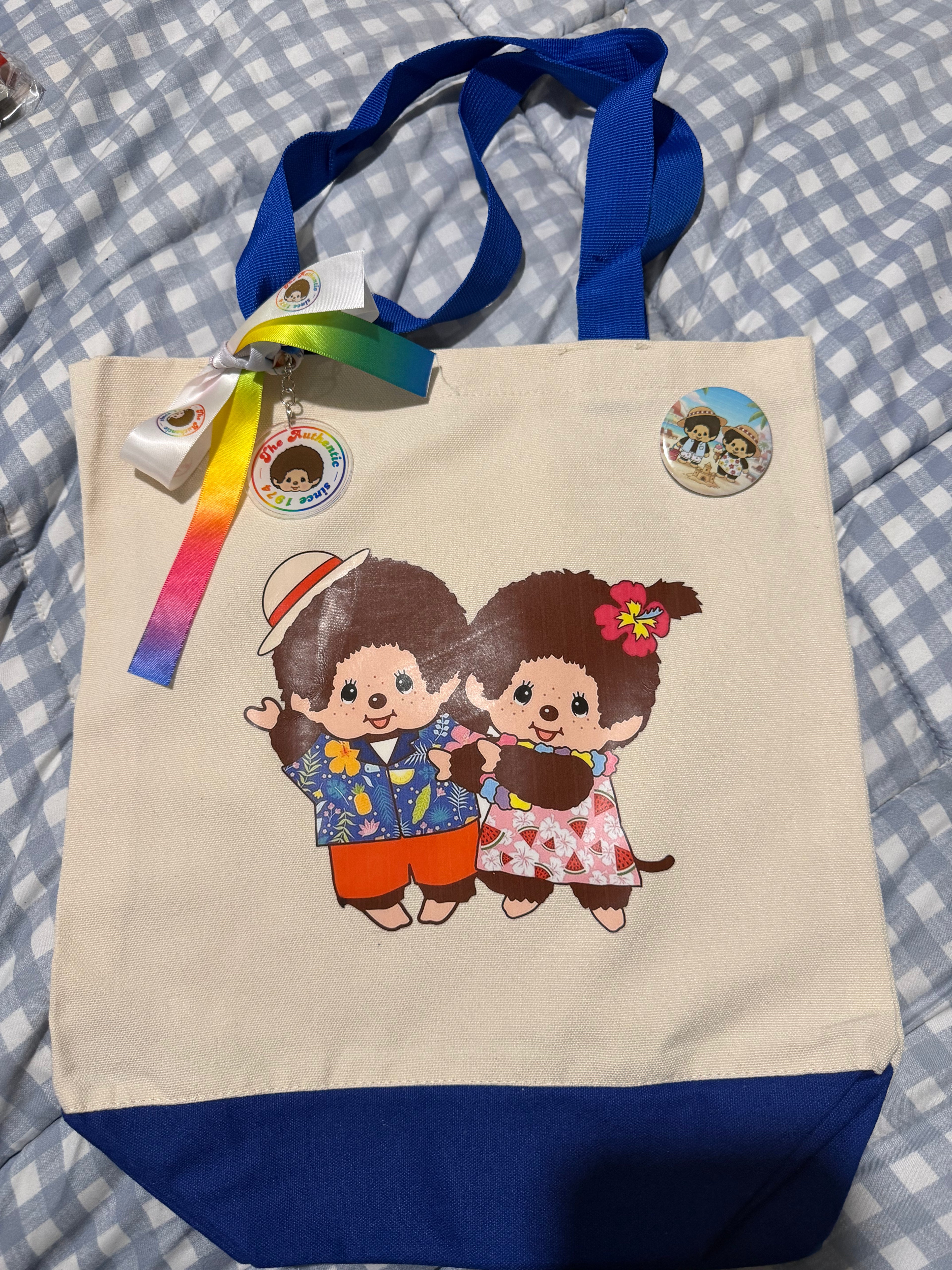 Handmade Monchhichi Canvas Tote Bag – Decorated with Ribbon, Keychain & Badge