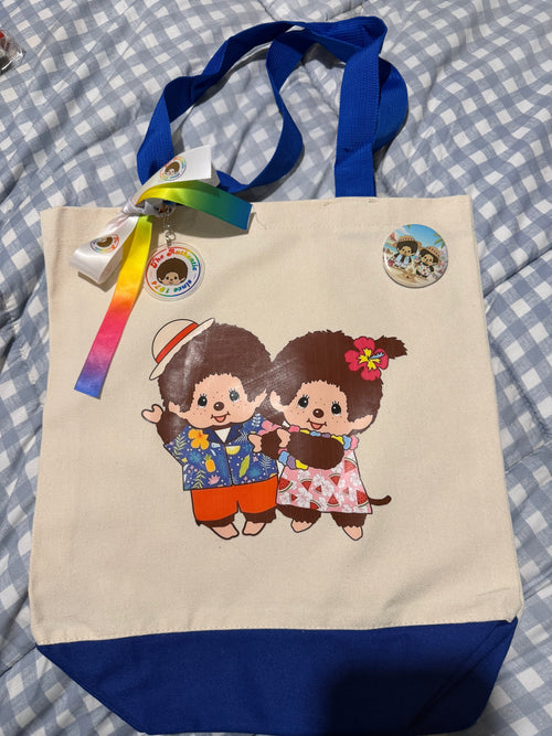 Handmade Monchhichi Canvas Tote Bag – Decorated with Ribbon, Keychain & Badge