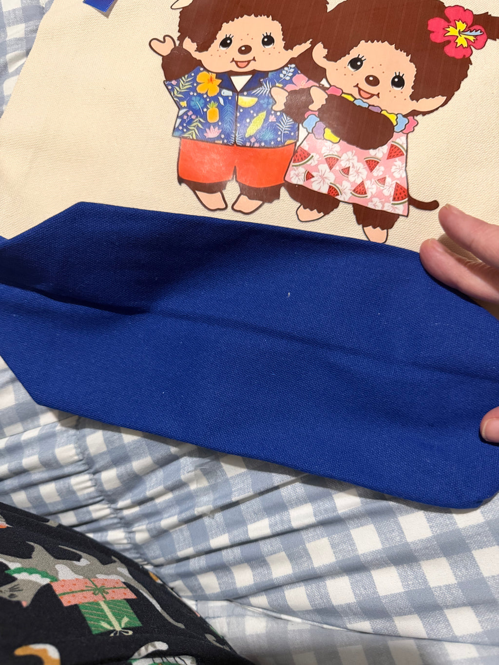 Handmade Monchhichi Canvas Tote Bag – Decorated with Ribbon, Keychain & Badge