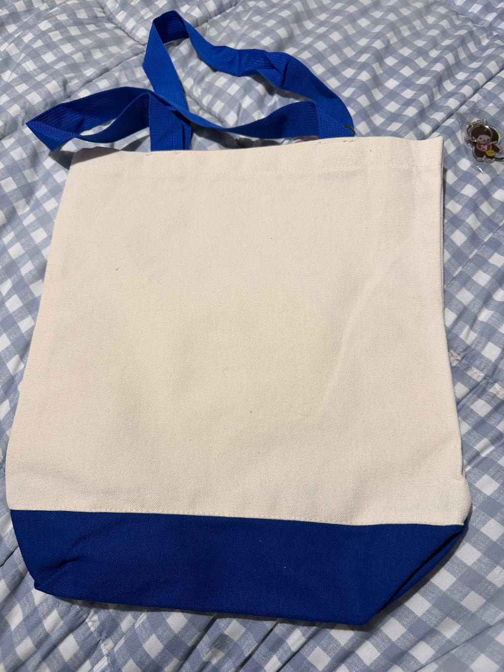 Handmade Monchhichi Canvas Tote Bag – Decorated with Ribbon, Keychain & Badge
