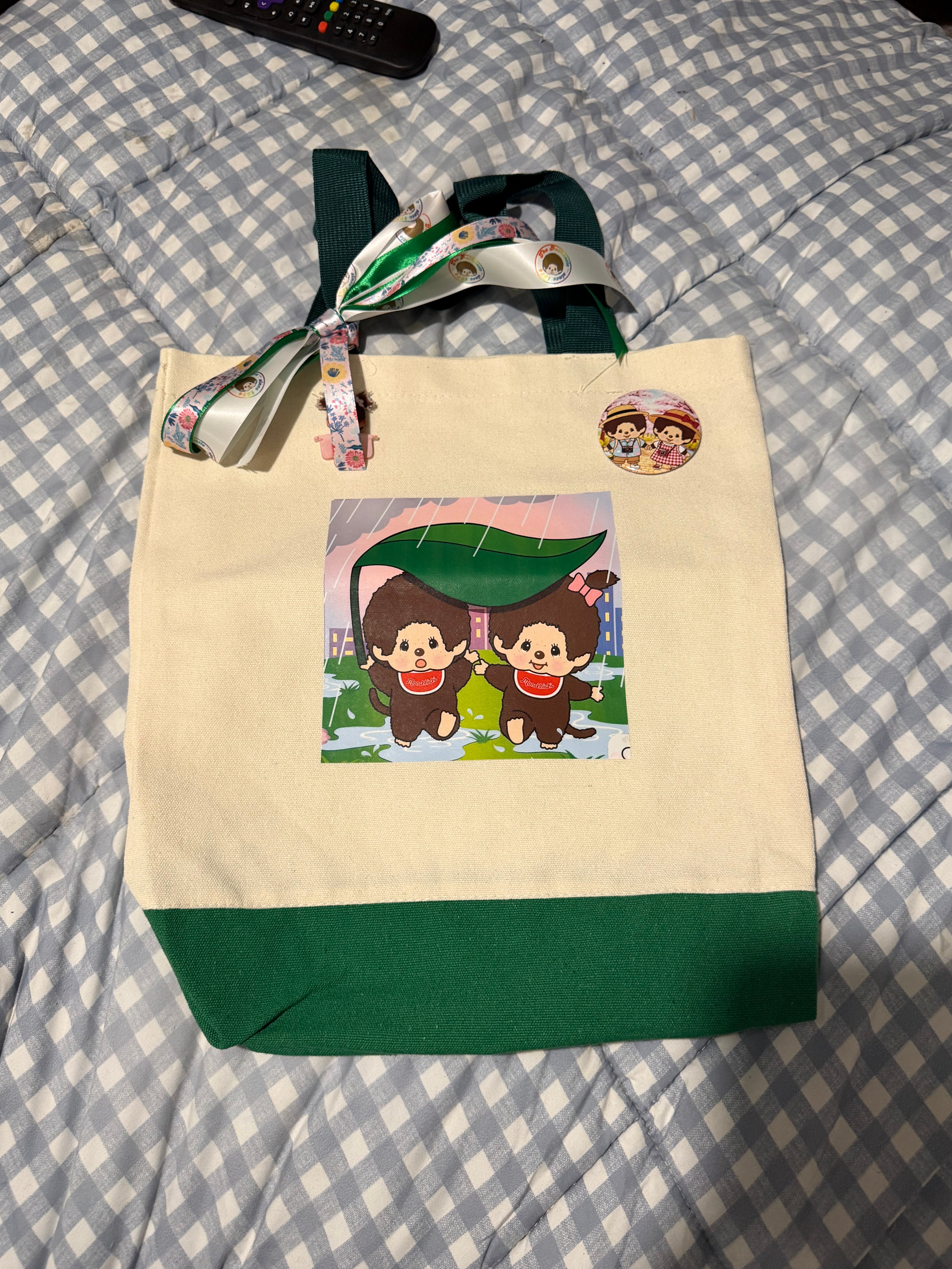 Handmade Monchhichi Rainy Day Canvas Tote Bag – Green – Ribbon, Charm & Badge
