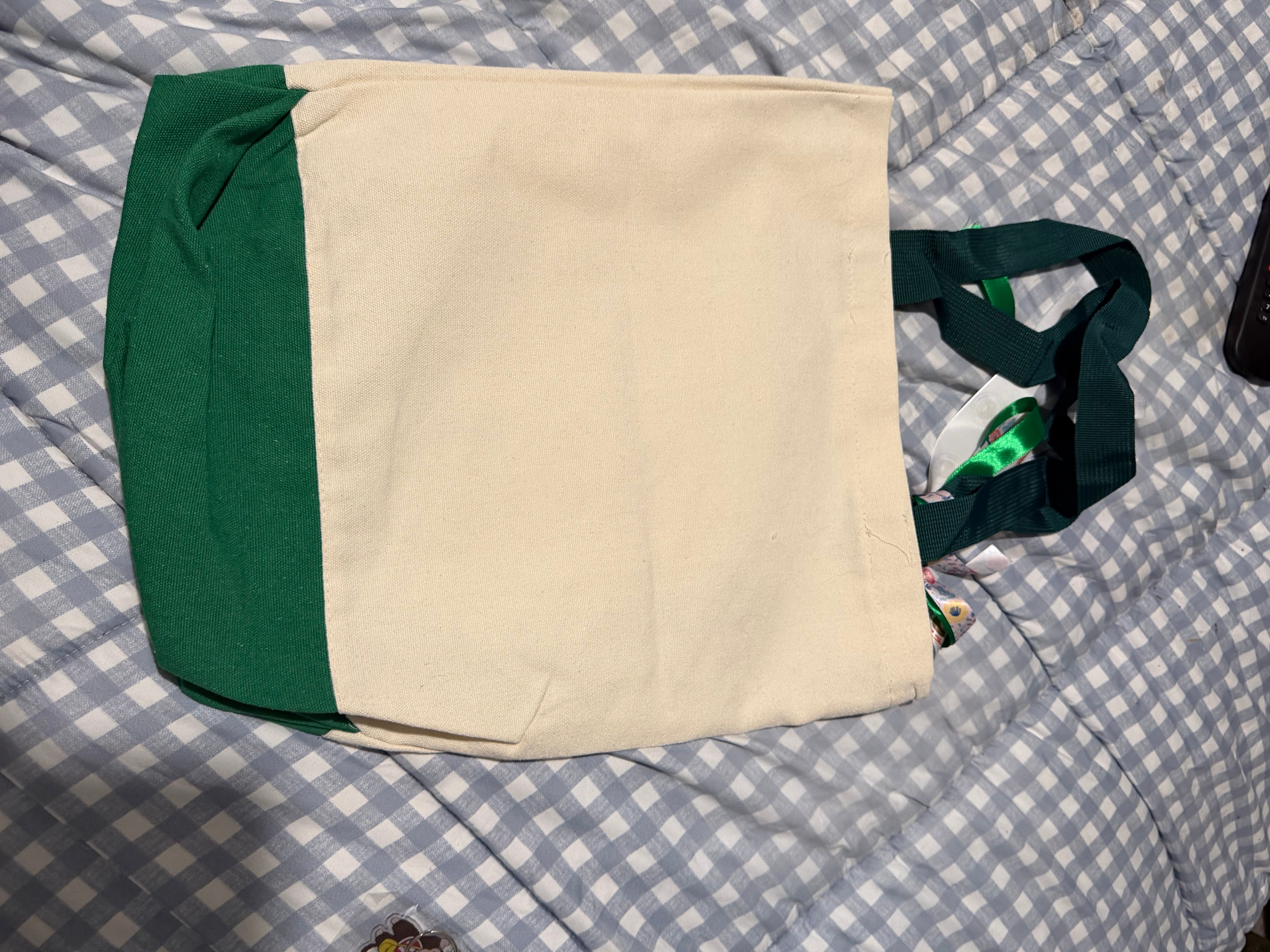 Handmade Monchhichi Rainy Day Canvas Tote Bag – Green – Ribbon, Charm & Badge