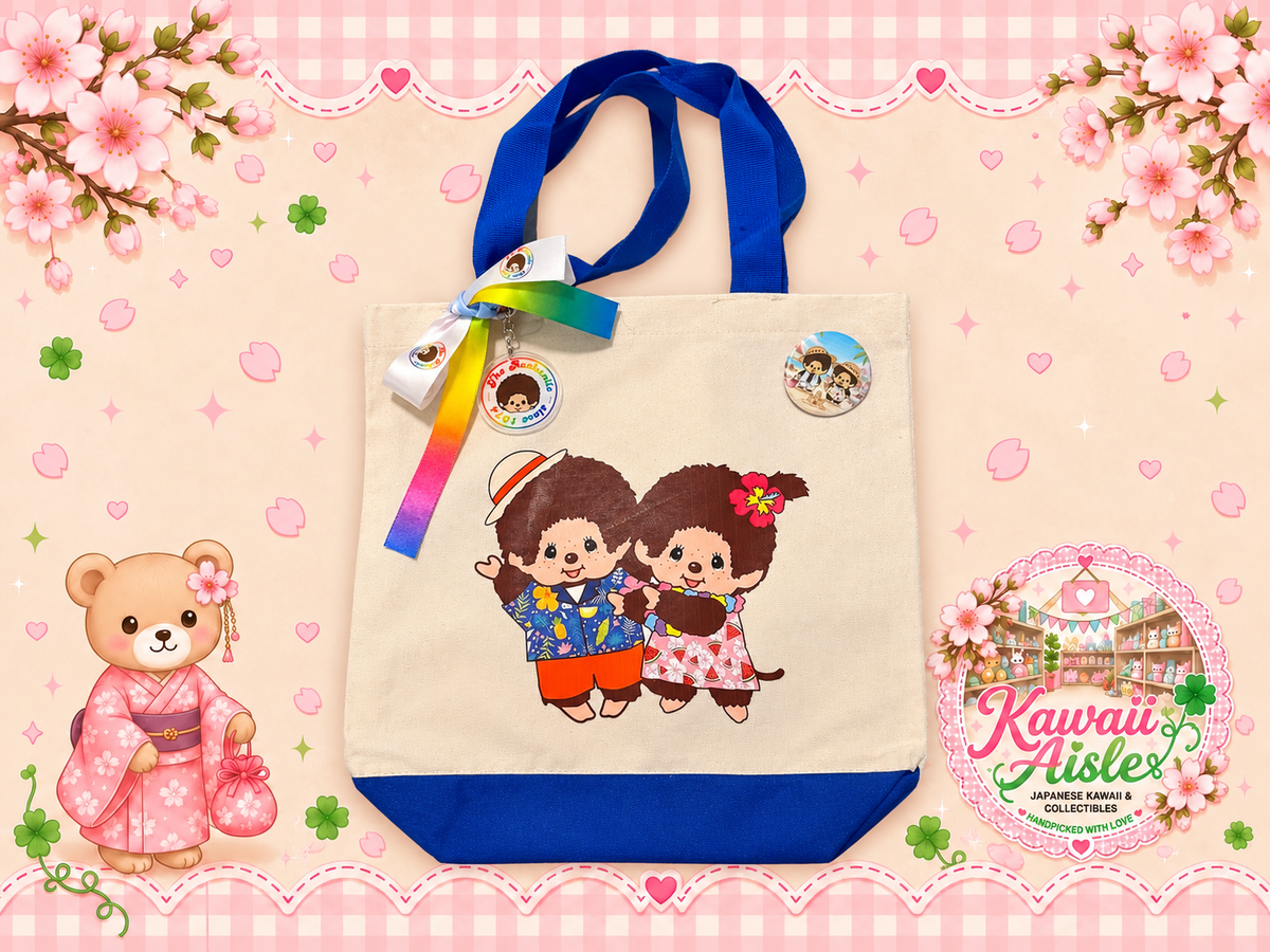 Handmade Monchhichi Canvas Tote Bag – Decorated with Ribbon, Keychain & Badge