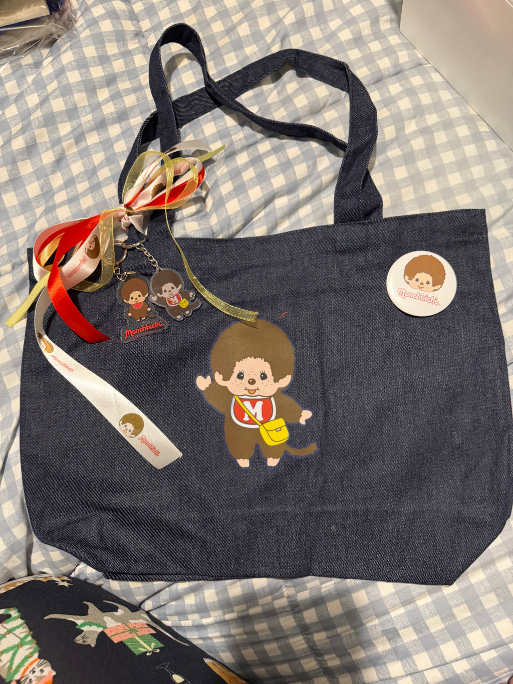 Handmade Monchhichi Denim Tote Bag – Ribbon, Acrylic Charms & Badge