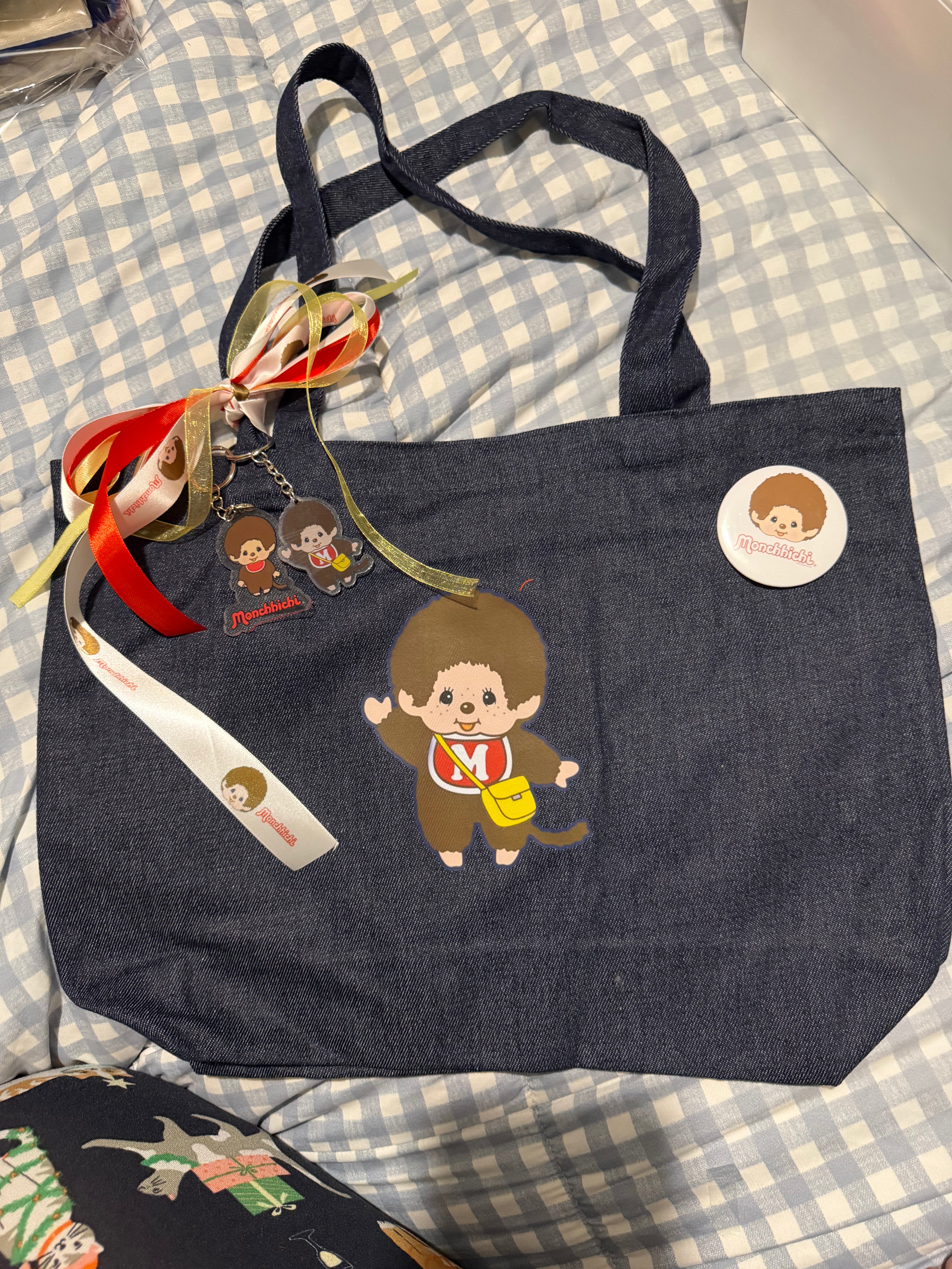 Handmade Monchhichi Denim Tote Bag – Ribbon, Acrylic Charms & Badge