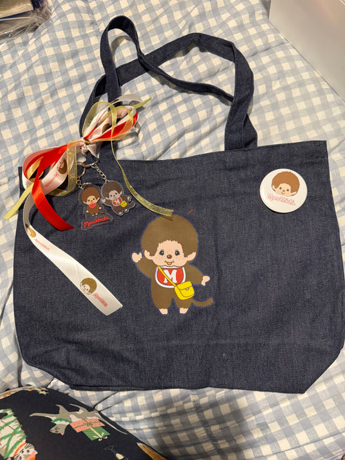 Handmade Monchhichi Denim Tote Bag – Ribbon, Acrylic Charms & Badge