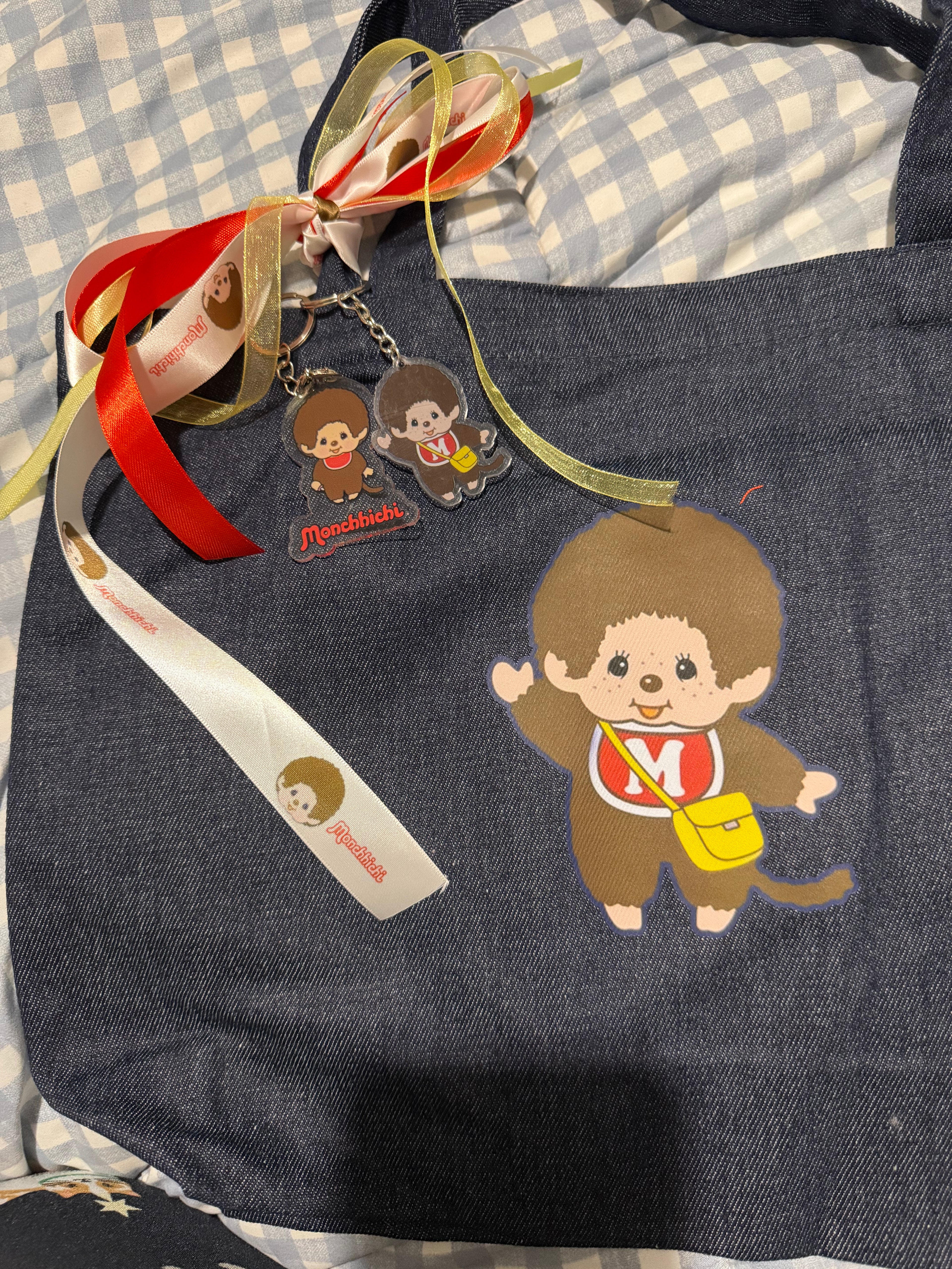 Handmade Monchhichi Denim Tote Bag – Ribbon, Acrylic Charms & Badge