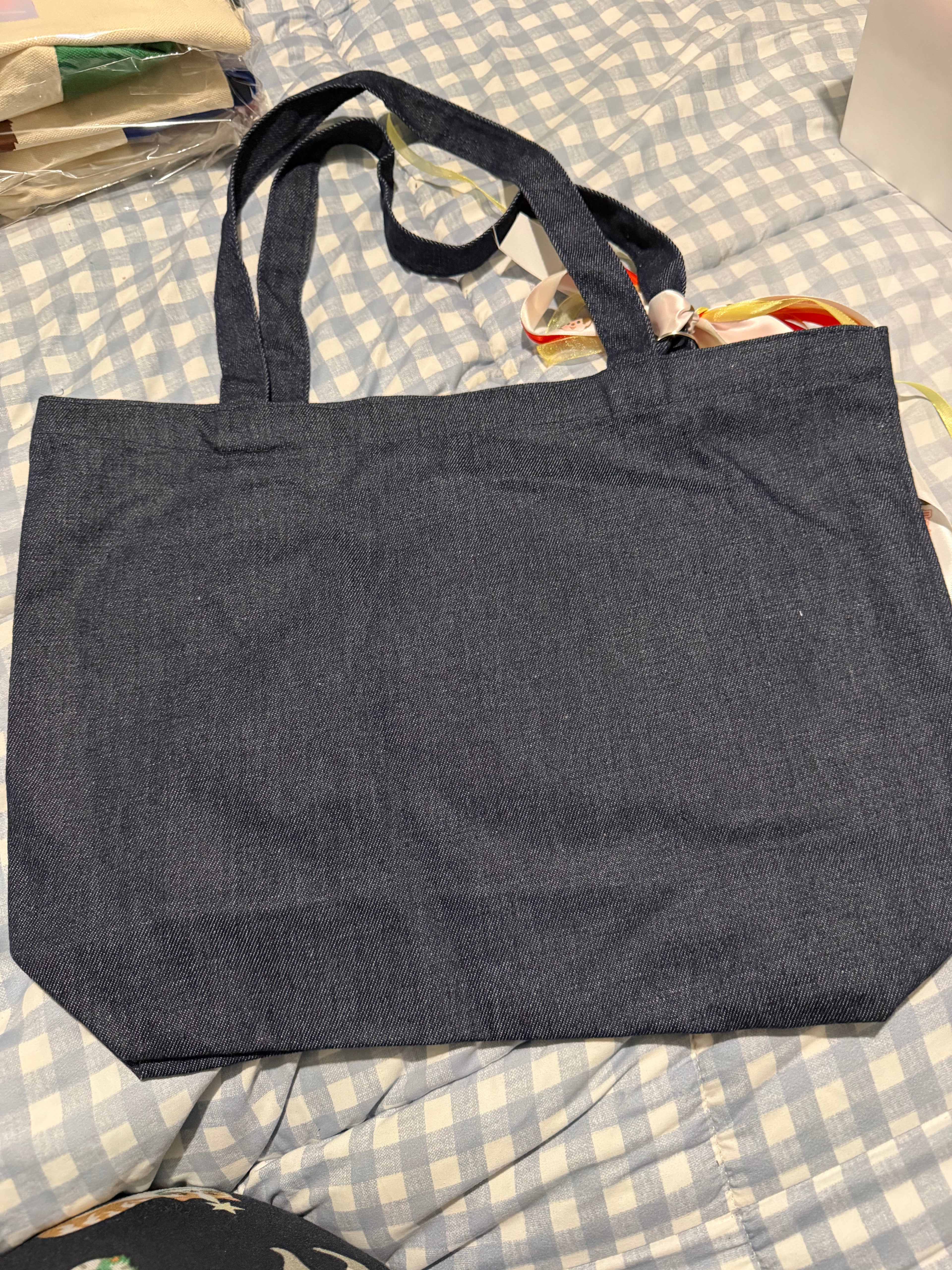 Handmade Monchhichi Denim Tote Bag – Ribbon, Acrylic Charms & Badge
