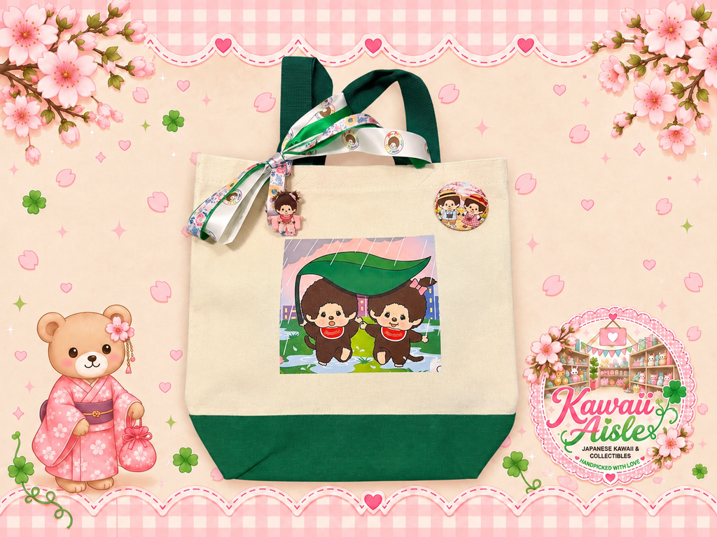 Handmade Monchhichi Rainy Day Canvas Tote Bag – Green – Ribbon, Charm & Badge