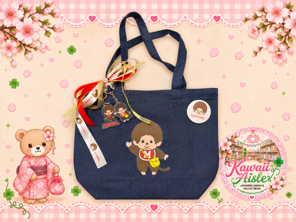 Handmade Monchhichi Denim Tote Bag – Ribbon, Acrylic Charms & Badge