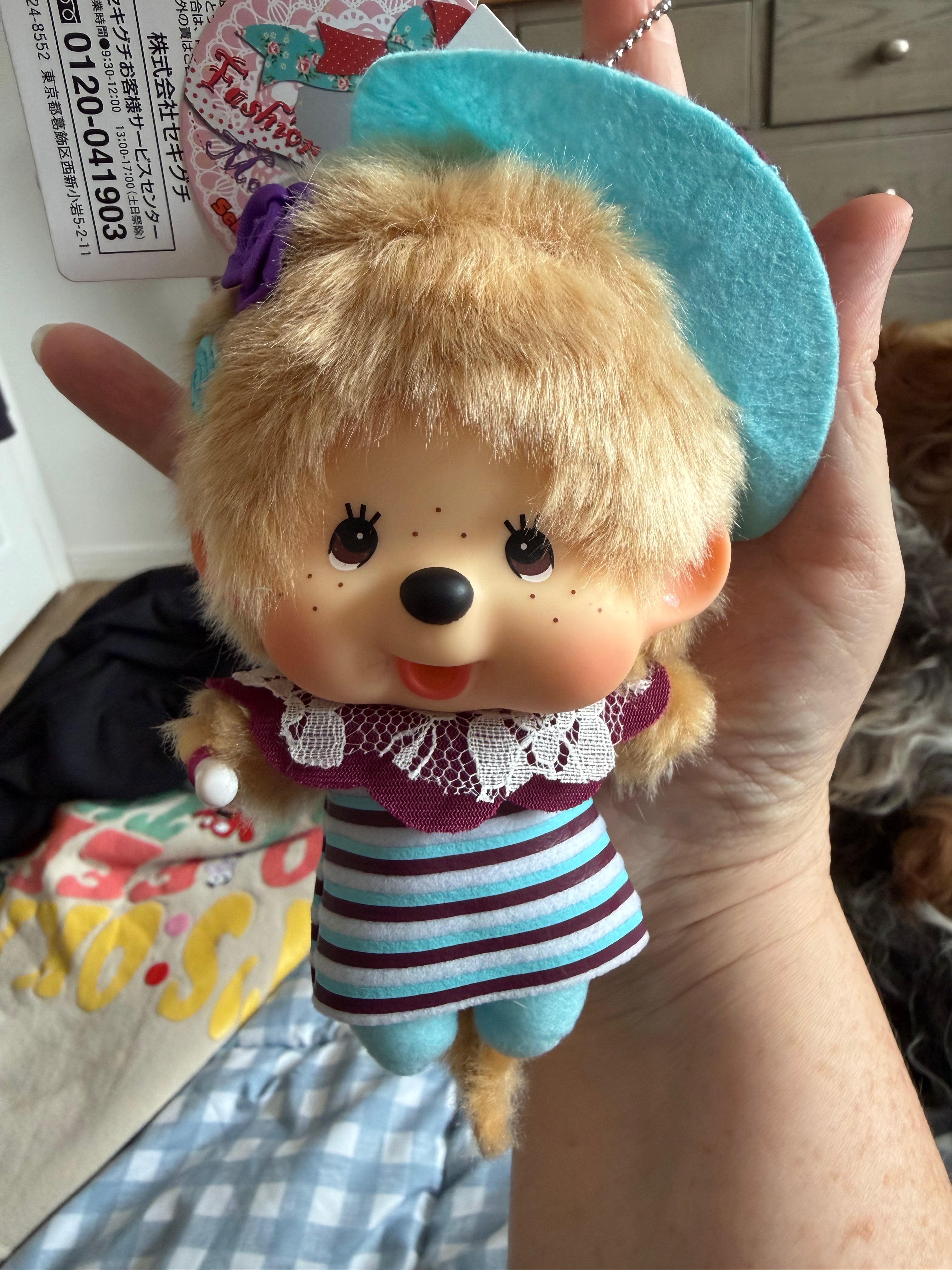 Monchhichi Big Head Fashion Keychain – Burgundy Rose or White Lacy Collar | Authentic Sekiguchi