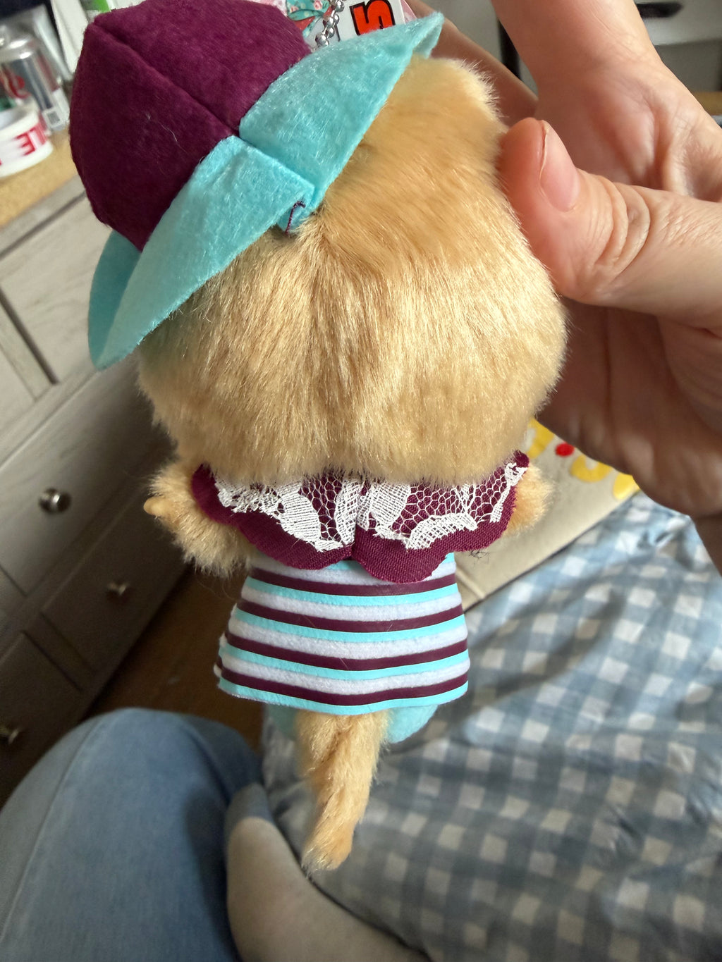Monchhichi Big Head Fashion Keychain – Burgundy Rose or White Lacy Collar | Authentic Sekiguchi