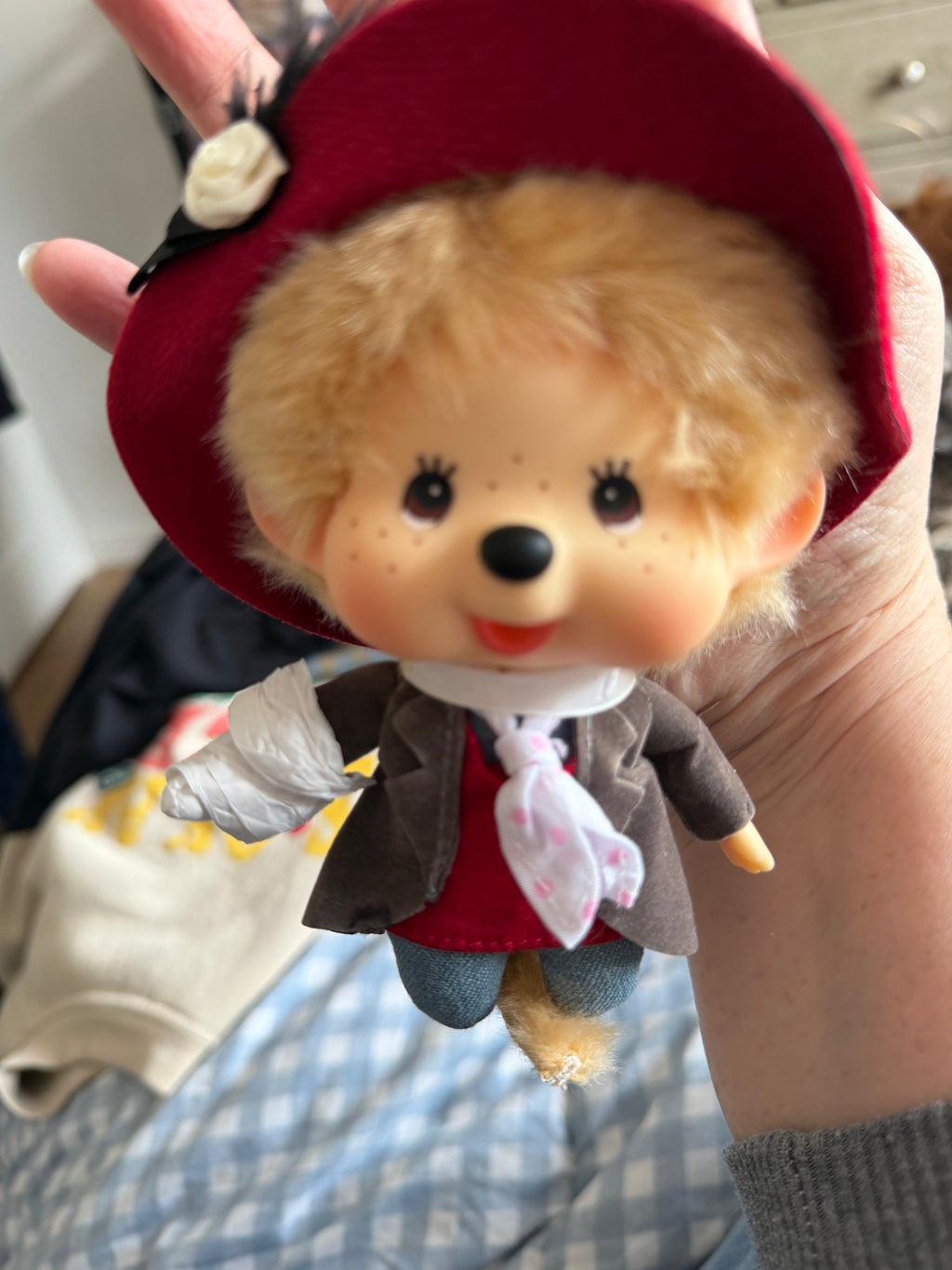 Monchhichi Big Head Fashion Keychain – Burgundy Rose or White Lacy Collar | Authentic Sekiguchi