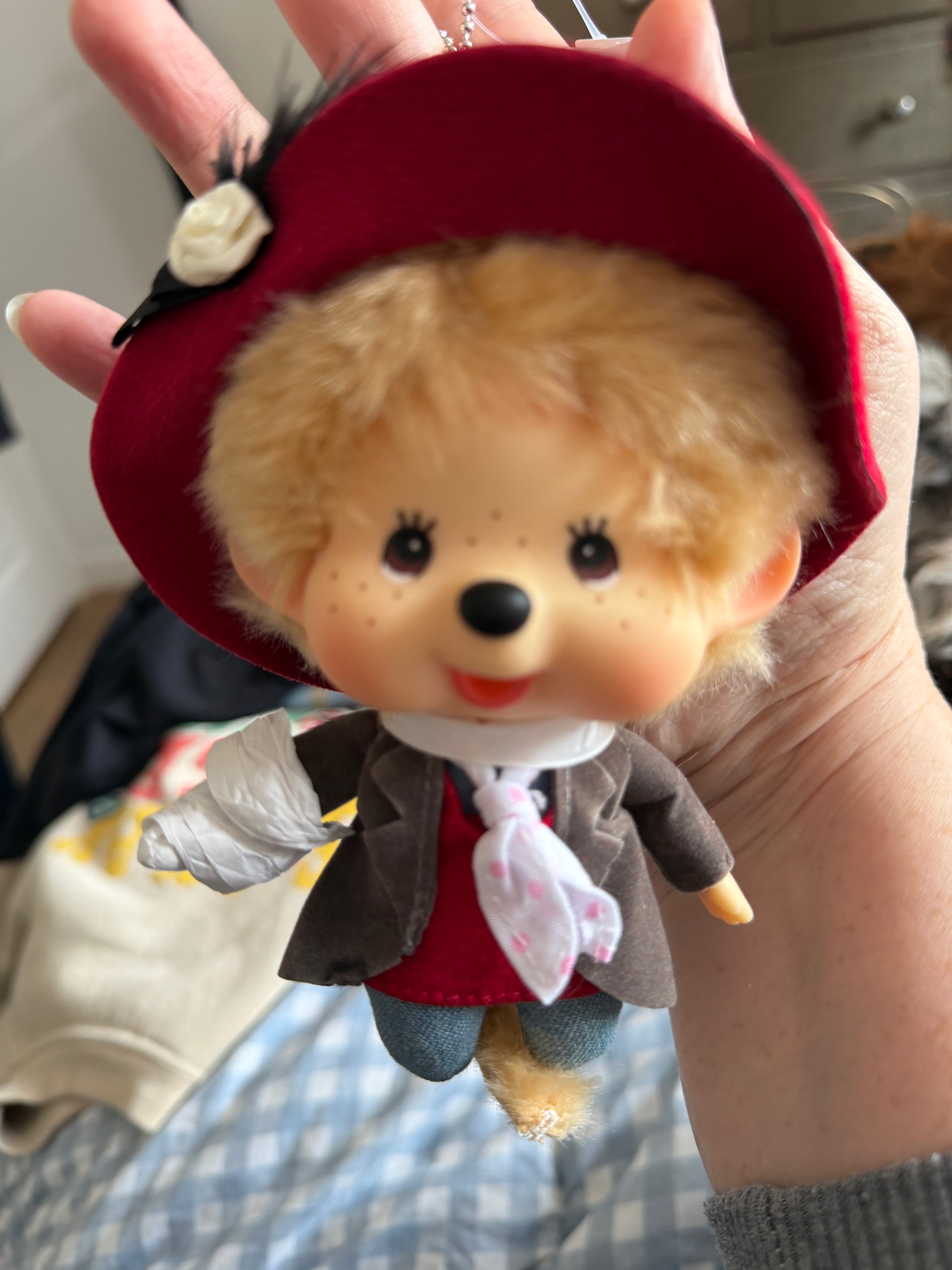 Monchhichi Big Head Fashion Keychain – Burgundy Rose or White Lacy Collar | Authentic Sekiguchi