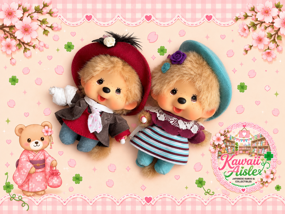 Monchhichi Big Head Fashion Keychain – Burgundy Rose or White Lacy Collar | Authentic Sekiguchi