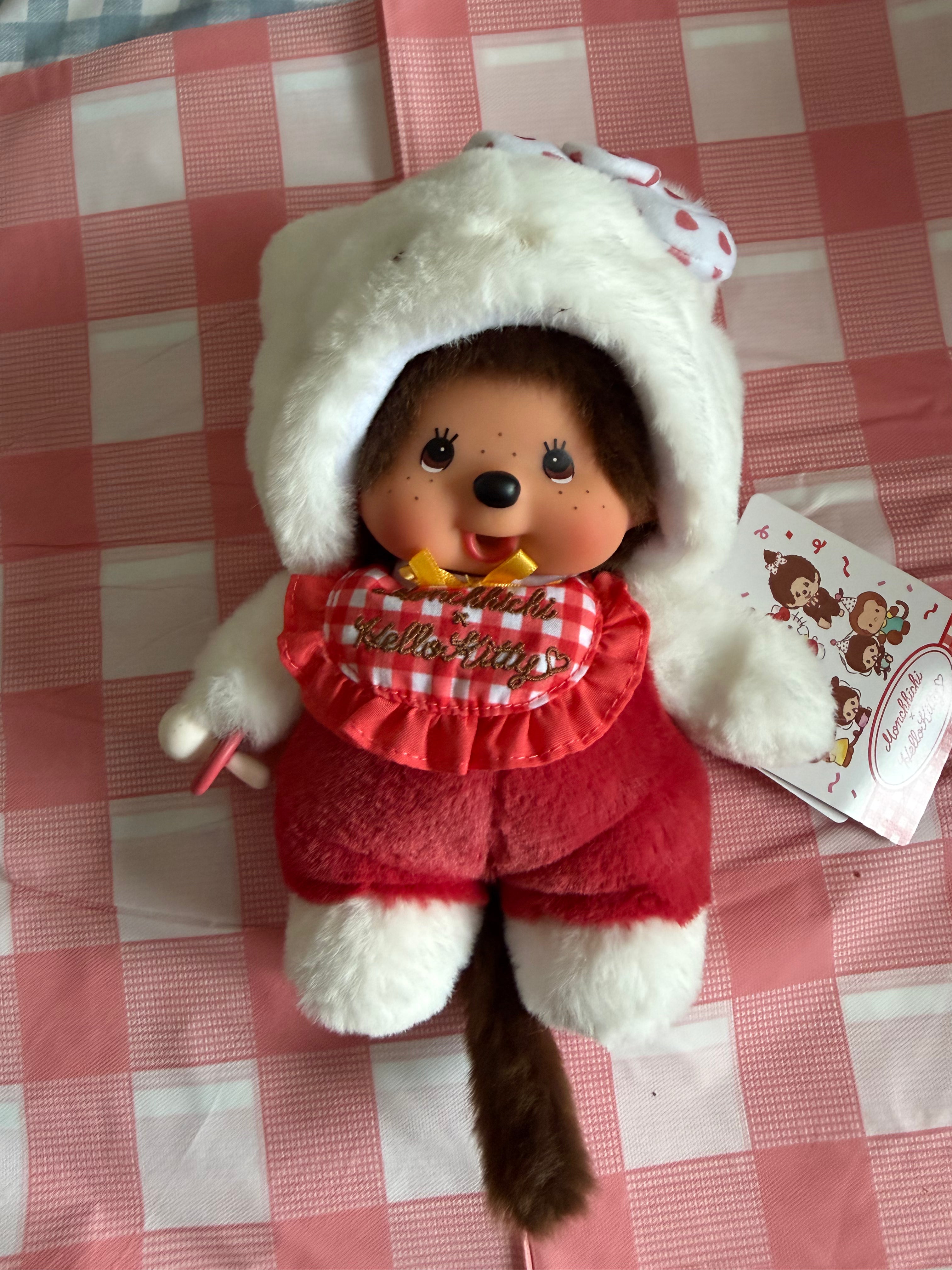 Hello Kitty × Monchhichi Gingham Checker Plush – Rare Sanrio Collaboration 20cm