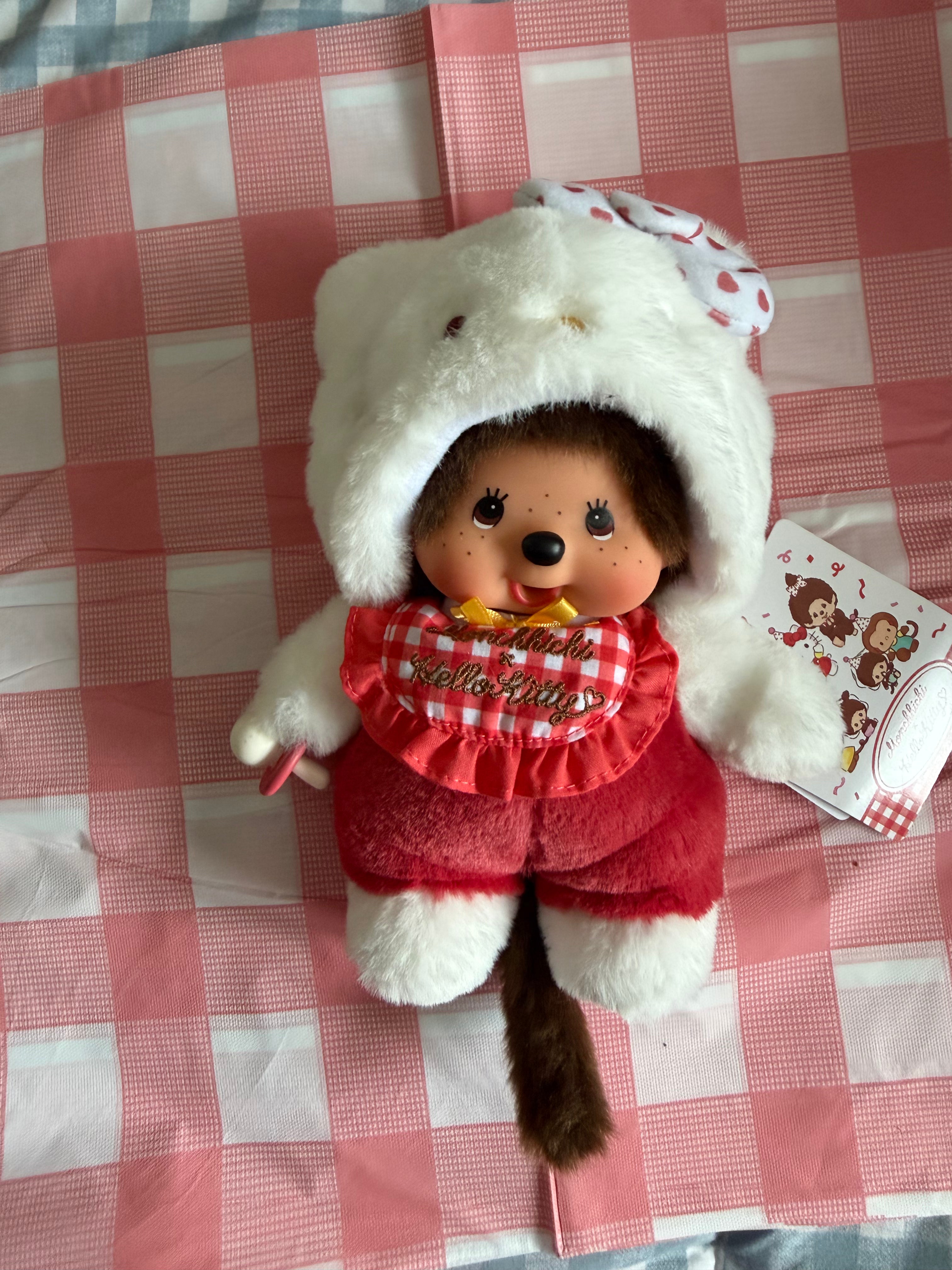 Hello Kitty × Monchhichi Gingham Checker Plush – Rare Sanrio Collaboration 20cm