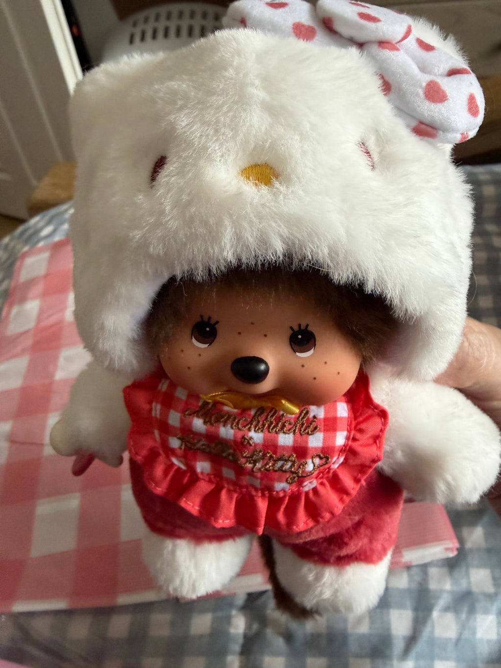 Hello Kitty × Monchhichi Gingham Checker Plush – Rare Sanrio Collaboration 20cm