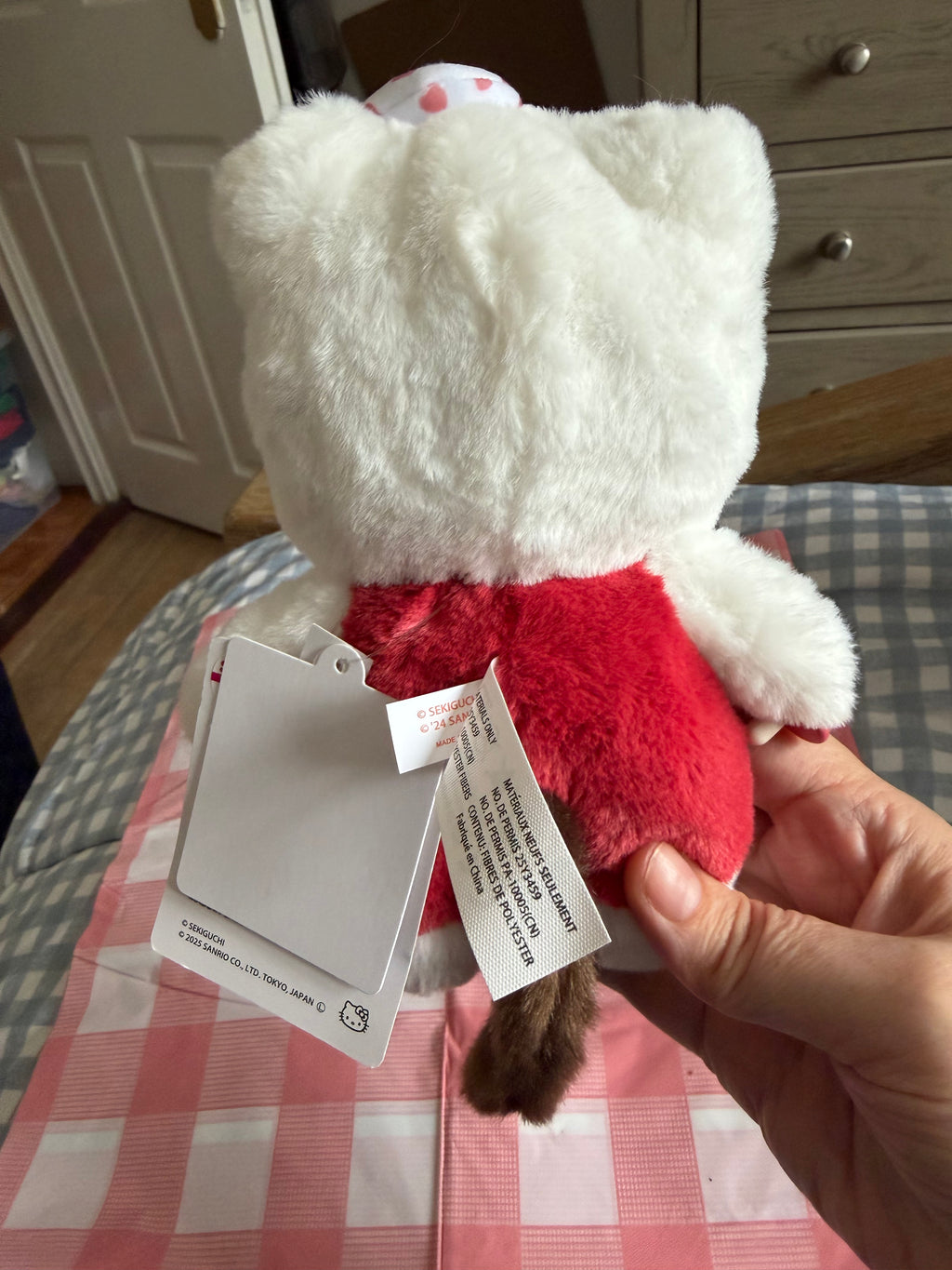Hello Kitty × Monchhichi Gingham Checker Plush – Rare Sanrio Collaboration 20cm