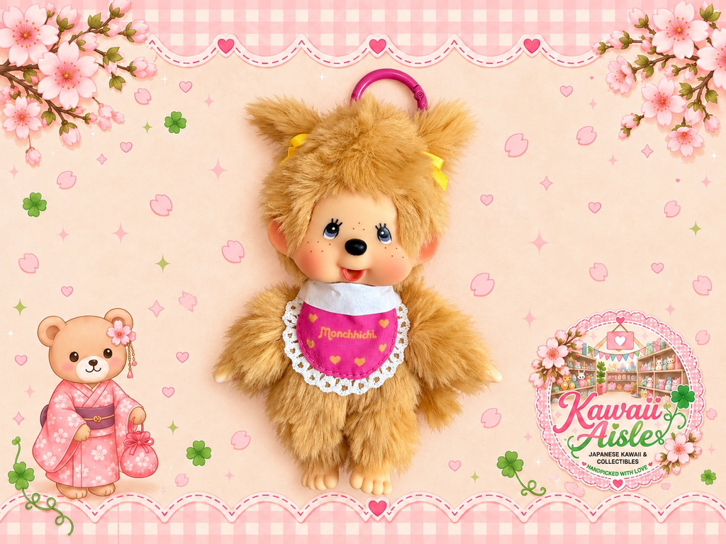 Monchhichi Twin Tail Girl Gold Keychain – Authentic Sekiguchi 727452