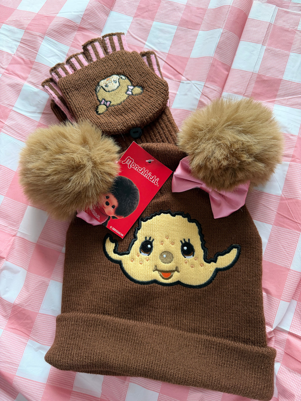 Monchhichi Cold Weather Knit Beanie & Fingerless Glove Set – Brown & Pink – New with Tags