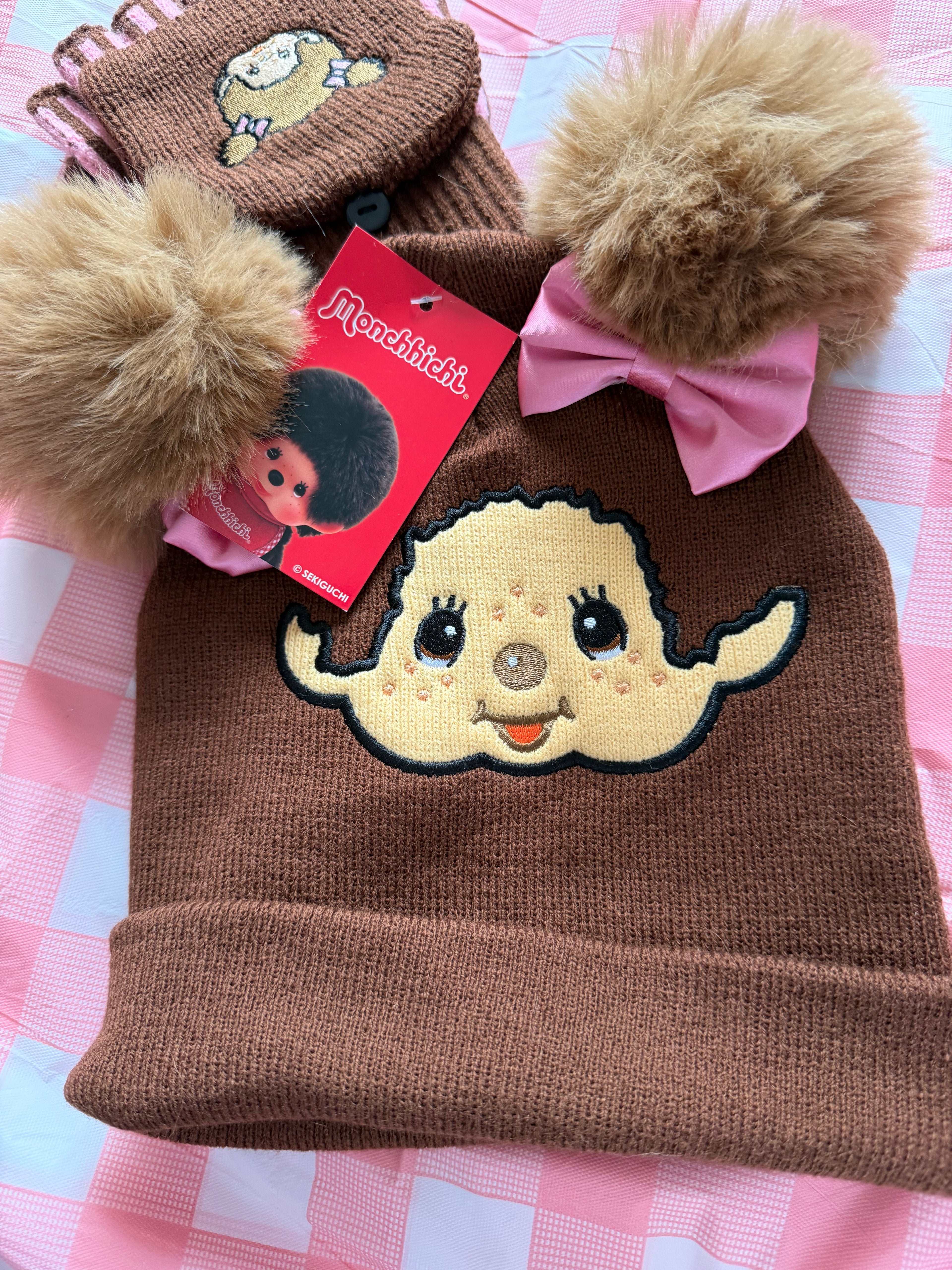 Monchhichi Cold Weather Knit Beanie & Fingerless Glove Set – Brown & Pink – New with Tags