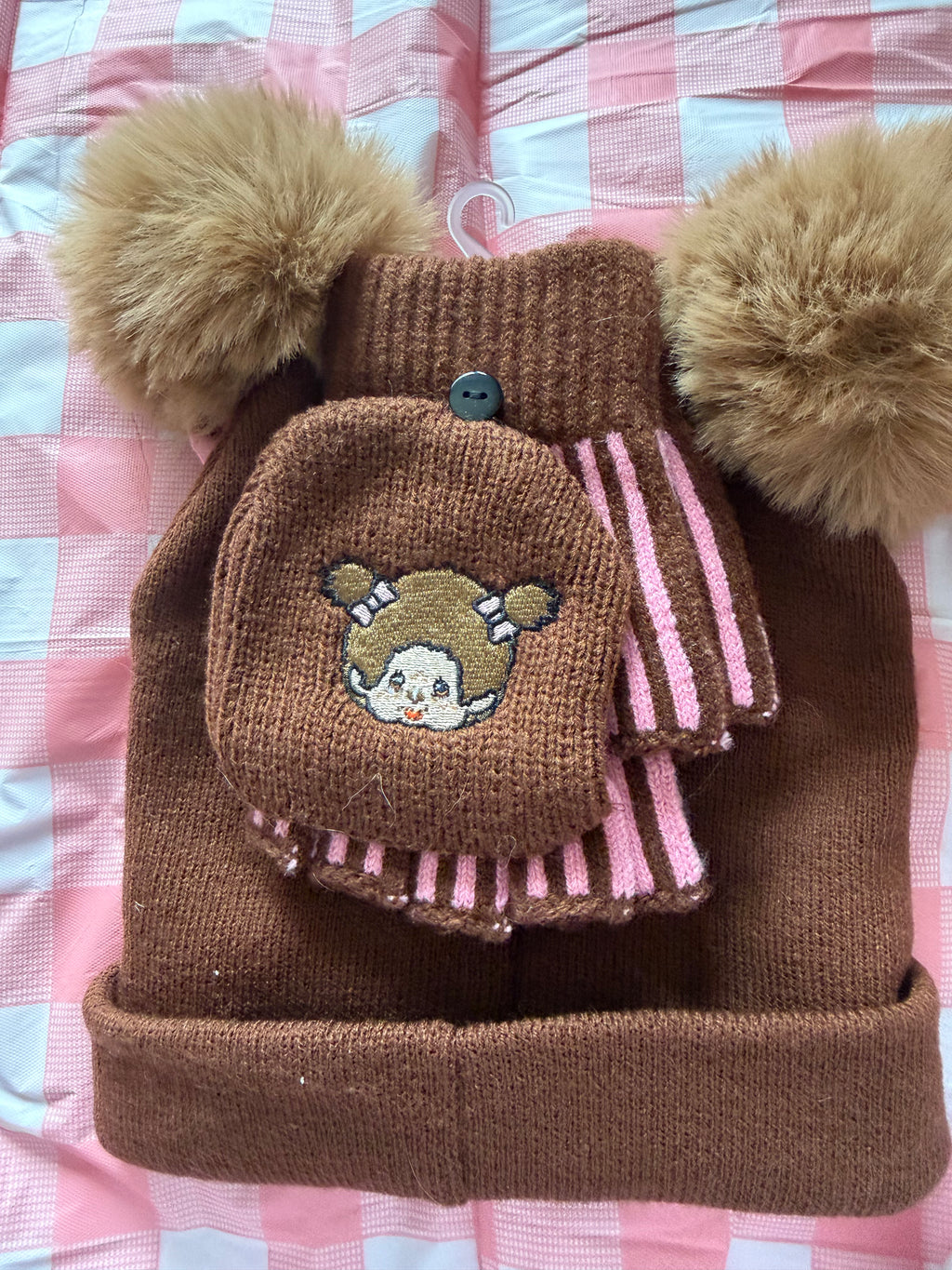 Monchhichi Cold Weather Knit Beanie & Fingerless Glove Set – Brown & Pink – New with Tags
