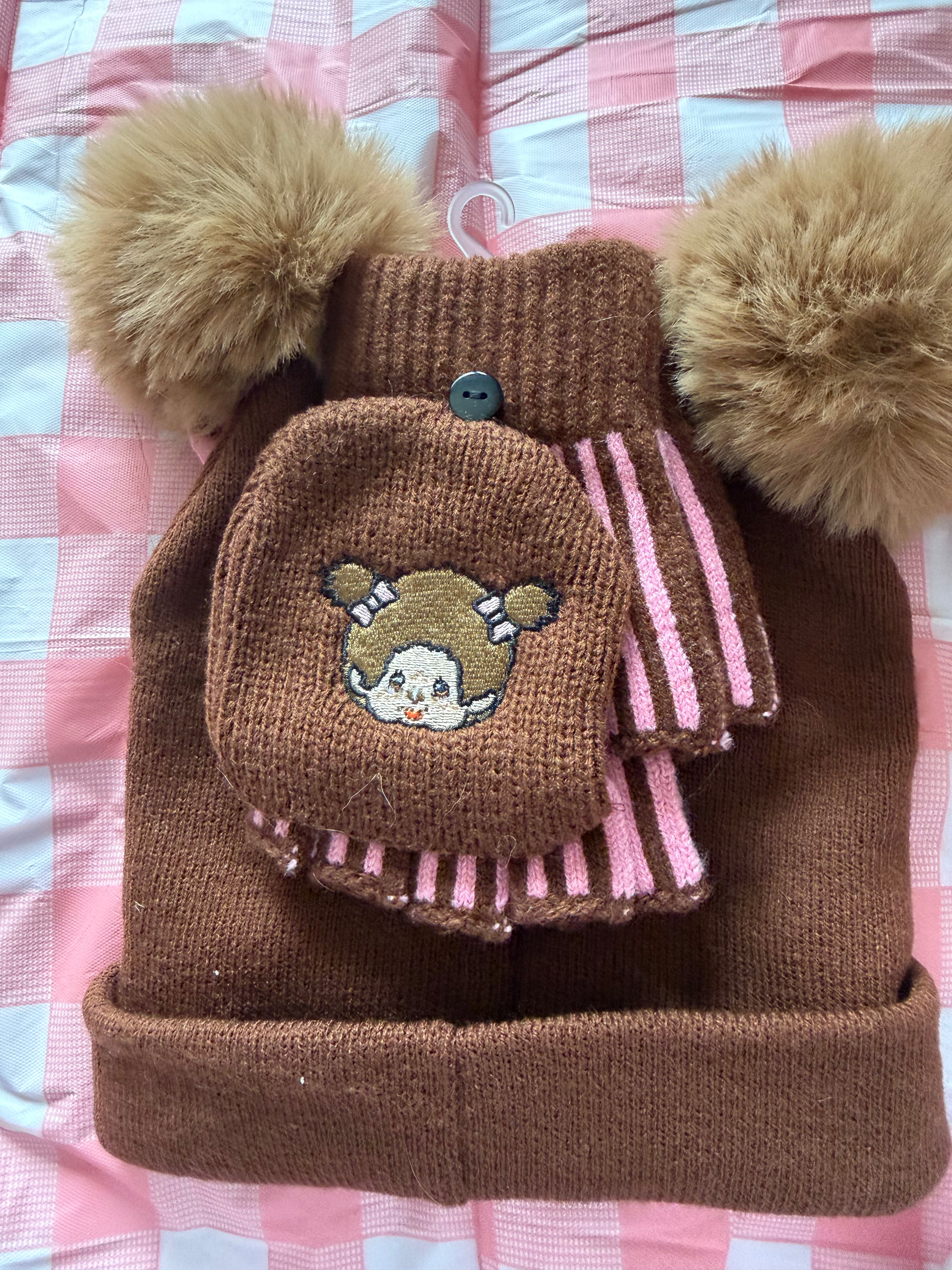 Monchhichi Cold Weather Knit Beanie & Fingerless Glove Set – Brown & Pink – New with Tags
