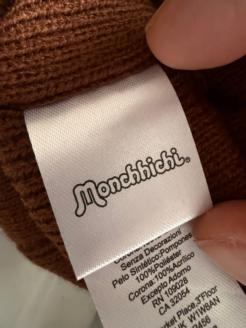 Monchhichi Cold Weather Knit Beanie & Fingerless Glove Set – Brown & Pink – New with Tags